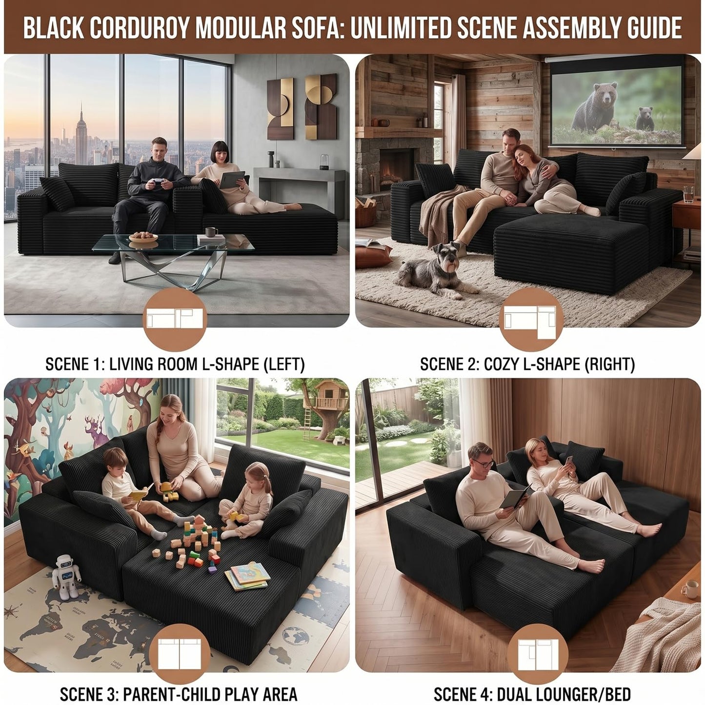 L-Shaped Sectional Sofa Corduroy Couch, All Sponge No Frame No Springs Sofa, Modern Modular Fabric Sofa with Pillows for Living Room Bedroom Apartment (Black（R） Right Chaise)