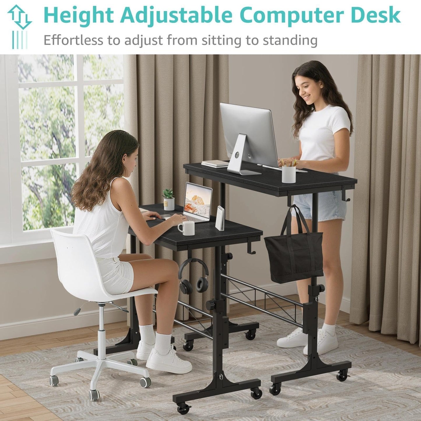 WINAZ Small Portable Rolling Standing Desk - 32 Inch Adjustable Height Mobile Teacher Podium on Wheels for Classroom, Stand Up Desks for Treadmill Walking Pad, Couch Sofa Side Laptop Table, Black
