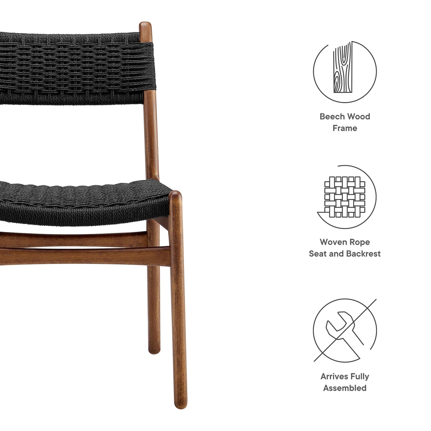 Modway Wynn Wood and Rope Dining Side Chairs Set of 2 in Walnut Black - Armless Kitchen Table Chairs - Modern Mid-Century Accent Chairs for Living Room, Reception Area, Office