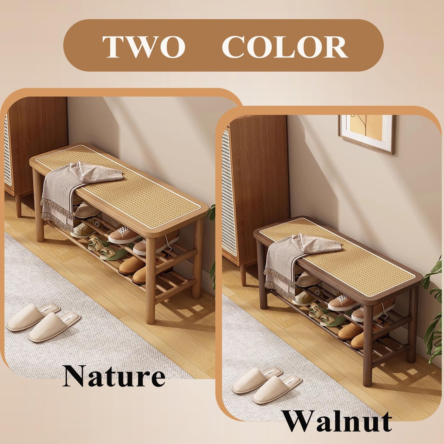 SOBIBO Bamboo Shoe Rack Bench with Rattan Seat, 3-Tier Shoe Storage Bench, Entryway Bench for Hallway Nature-23.62 inches