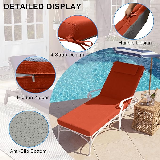 Outdoor Chaise Lounge Cushions, 71x21 Inch Olefin Water & Fade Resistant Pool