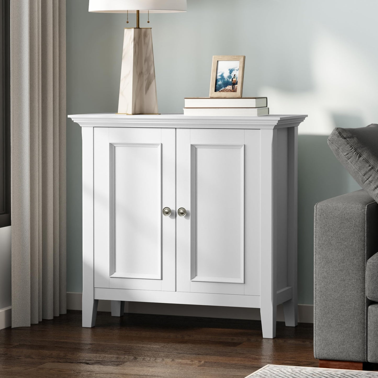 SIMPLIHOME Amherst 32-inch Wide Solid Wood Transitional-Style Low Storage Cabinet in White for Living Room, Entryway, or Dining Area with Adjustable Shelves