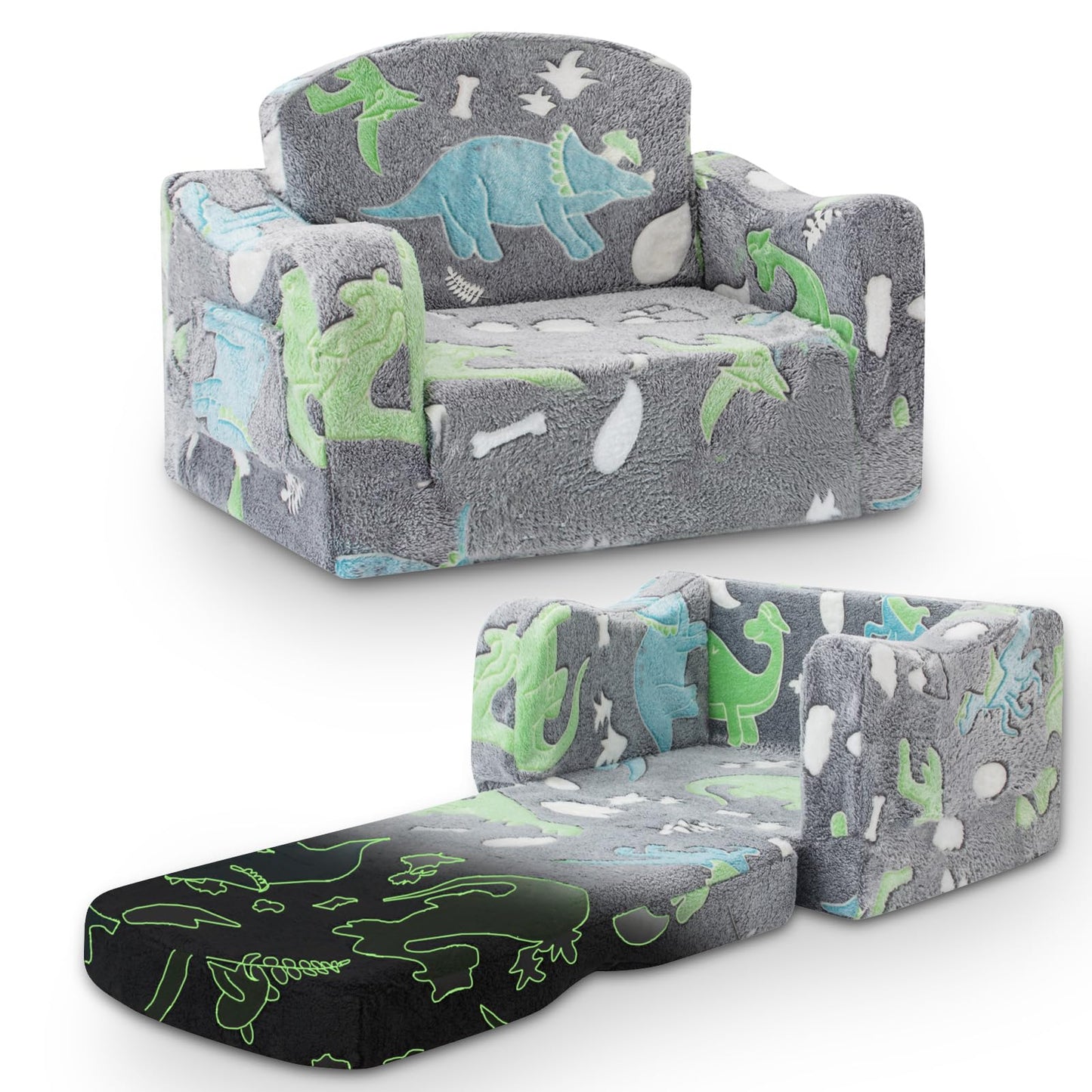 aodisman Thick Comfy Kids Chair and Couch, 2-in-1 Soft Foldable Plush Kids Sofa, Foam Seating for Reading and Play, Removable Washable Cover, Gray Dinosaur