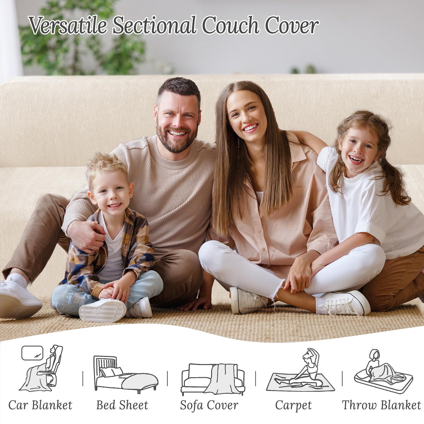 HDCAXKJ Corner Sectional Couch Covers for Dogs L Shape Sofa Cover with Tassel Chenille Soft Non Slip U Shaped Couch Cover Blanket Washable Sectional Slipcover Protector (Cream White, 91x276 inch)