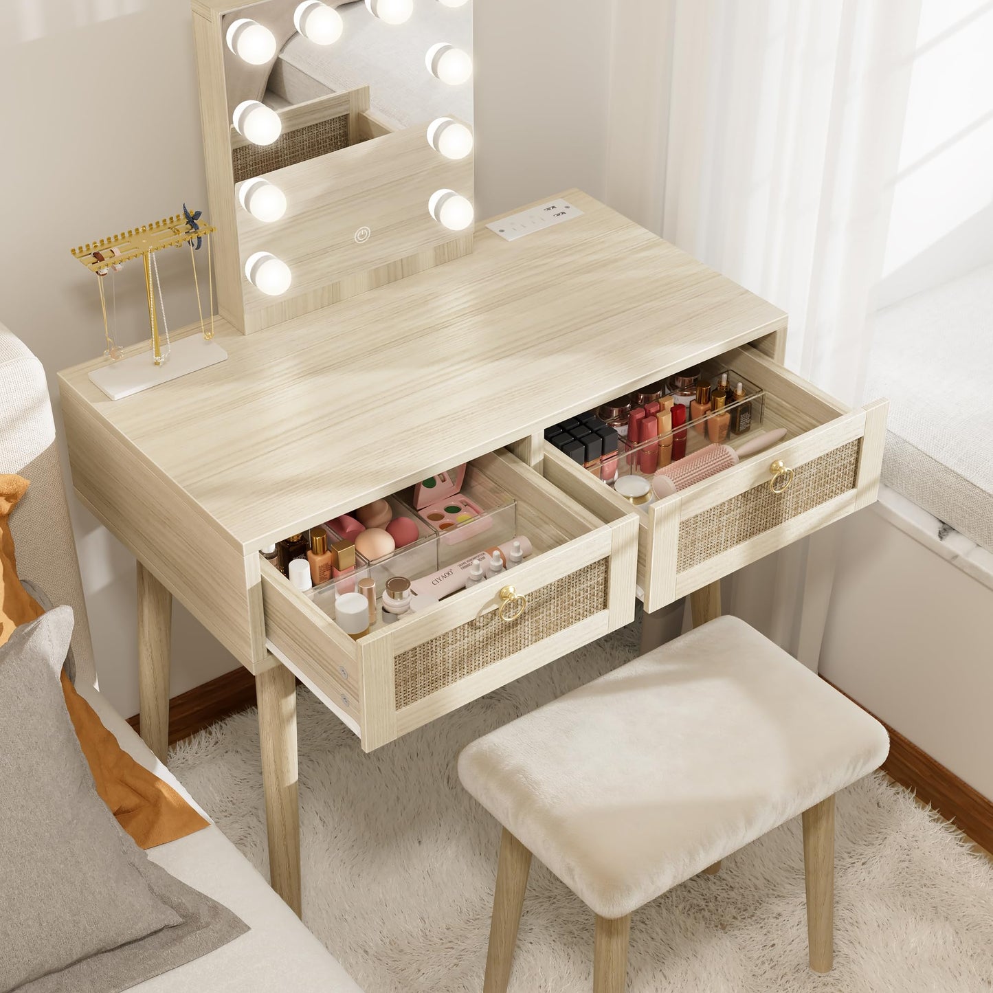 BOLUO Makeup Vanity Desk with Hollywood Mirror and Lights, Boho Girls Vanity Set with Stool, Make Up Dressing Table with Drawers and Outlet for Bedroom