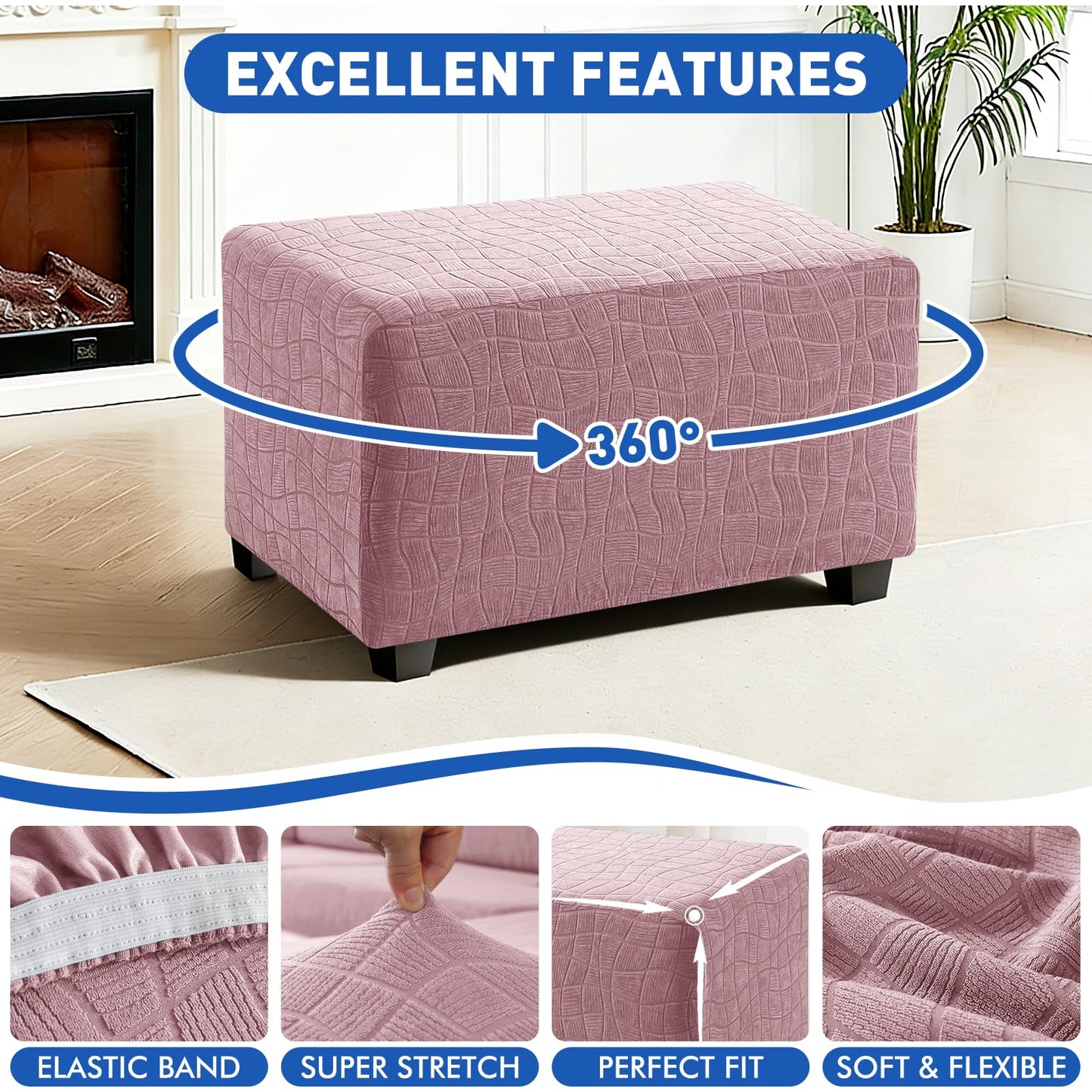 MAXIJIN Waterproof Ottoman Cover Rectangle Stretch Ottoman Slipcovers Square Thick Stool Covers Storage Footrest Furniture Protector with Non-Slip Elastic Bottom (Small, Dusty Pink)