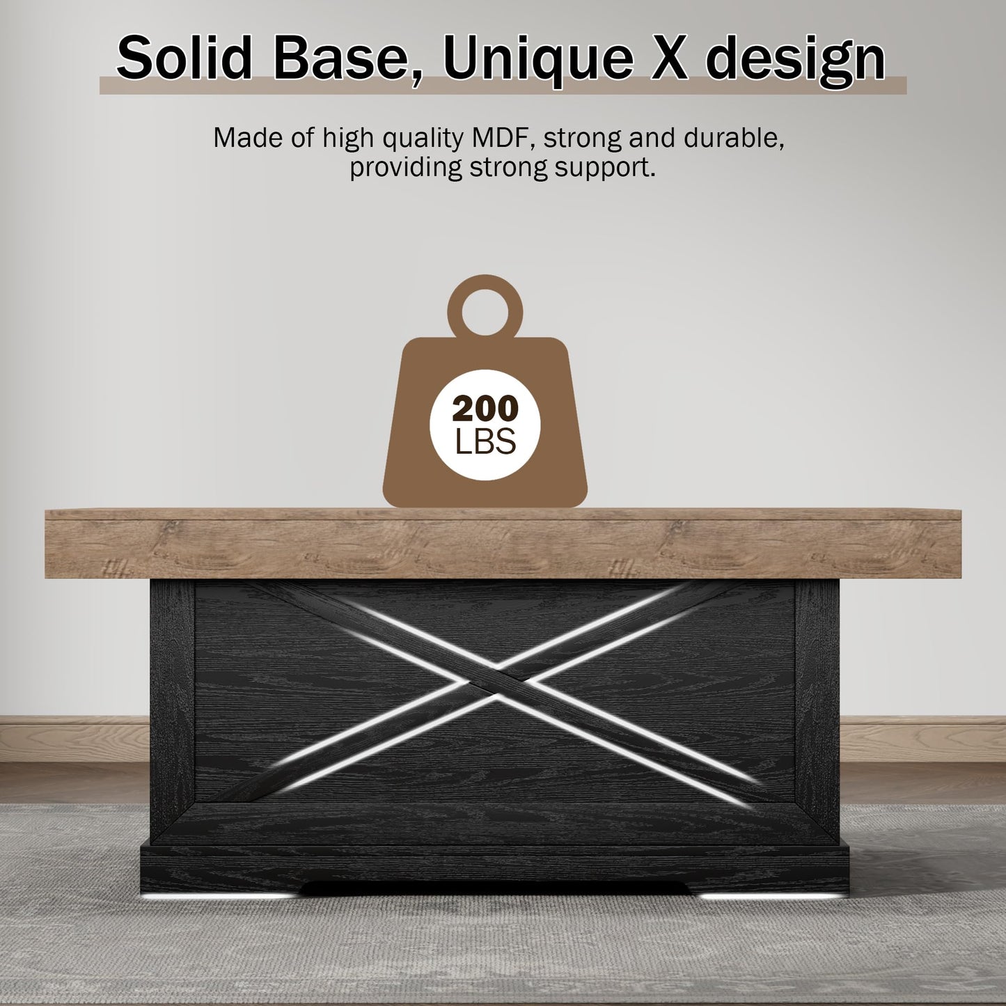Lareth Coffee Table 39 in Rustic Center Table with X-Design Wooden Pedestal for Living Room, Space Saving, Rectangle Home Office Tea Accent Table for Apartment, Dark Oak Black