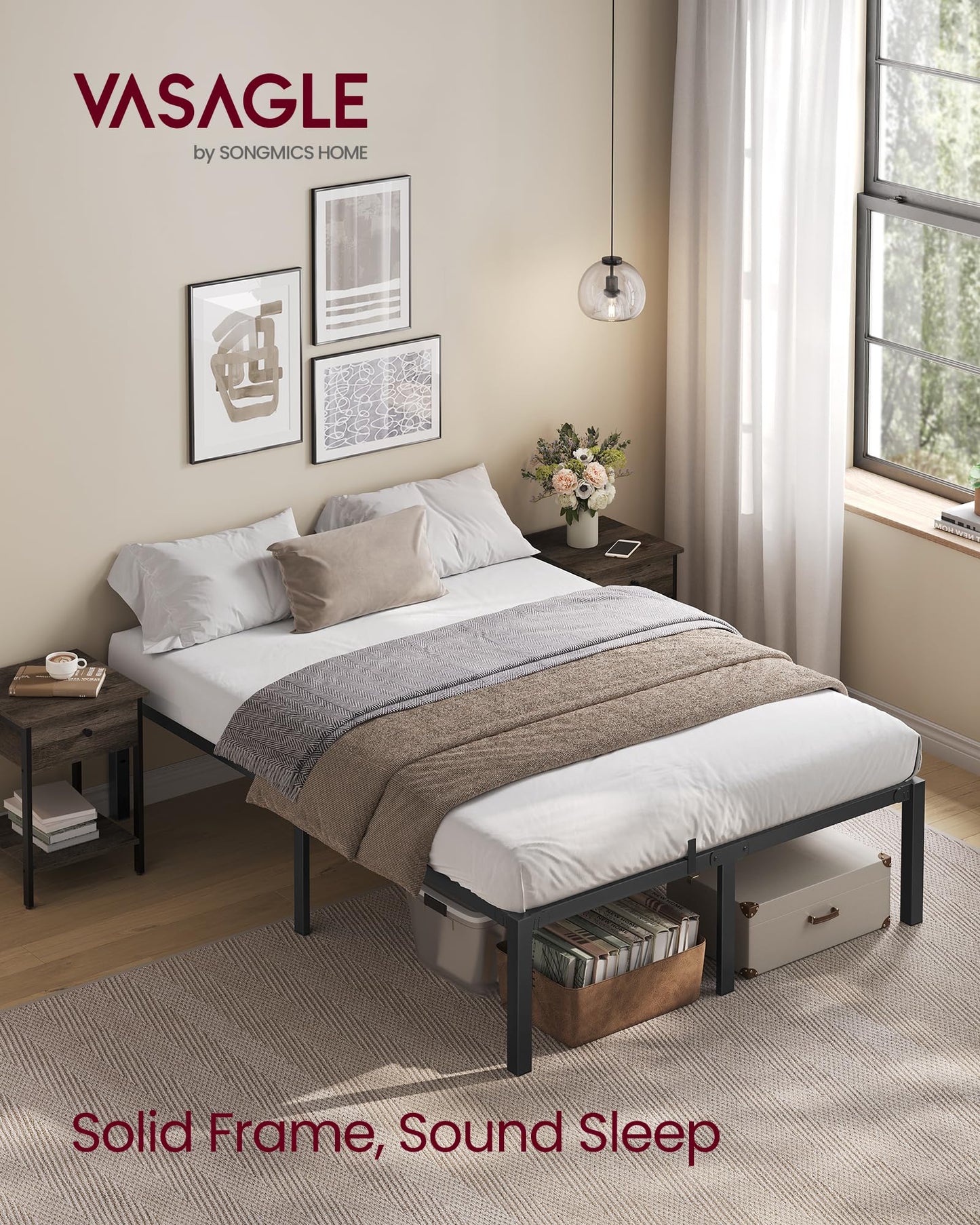 VASAGLE Superfast Assembly, Metal Full Bed Frame, Heavy-Duty Platform Bed Frame Full Size, 1500 lb Weight Capacity, Steel Slats, No Box Spring Needed, Ink Black and Forest Green URMB872B01