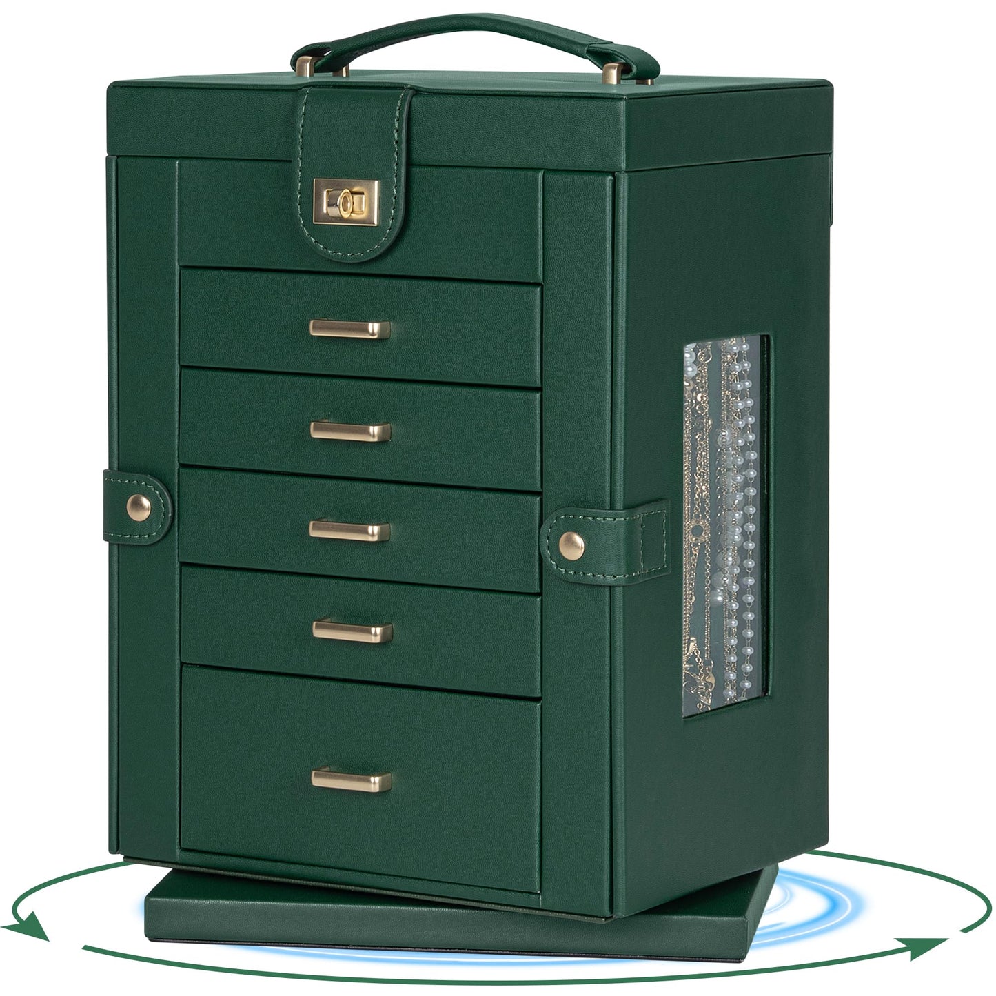 AKOZLIN 6-Tier Jewelry Box Organizer Functional 5 Drawers Leather Jewelry Storage Case for Women Girls Ring Necklace Earring Bracelet Holder Organizer with Mirror Green 360° Rotating