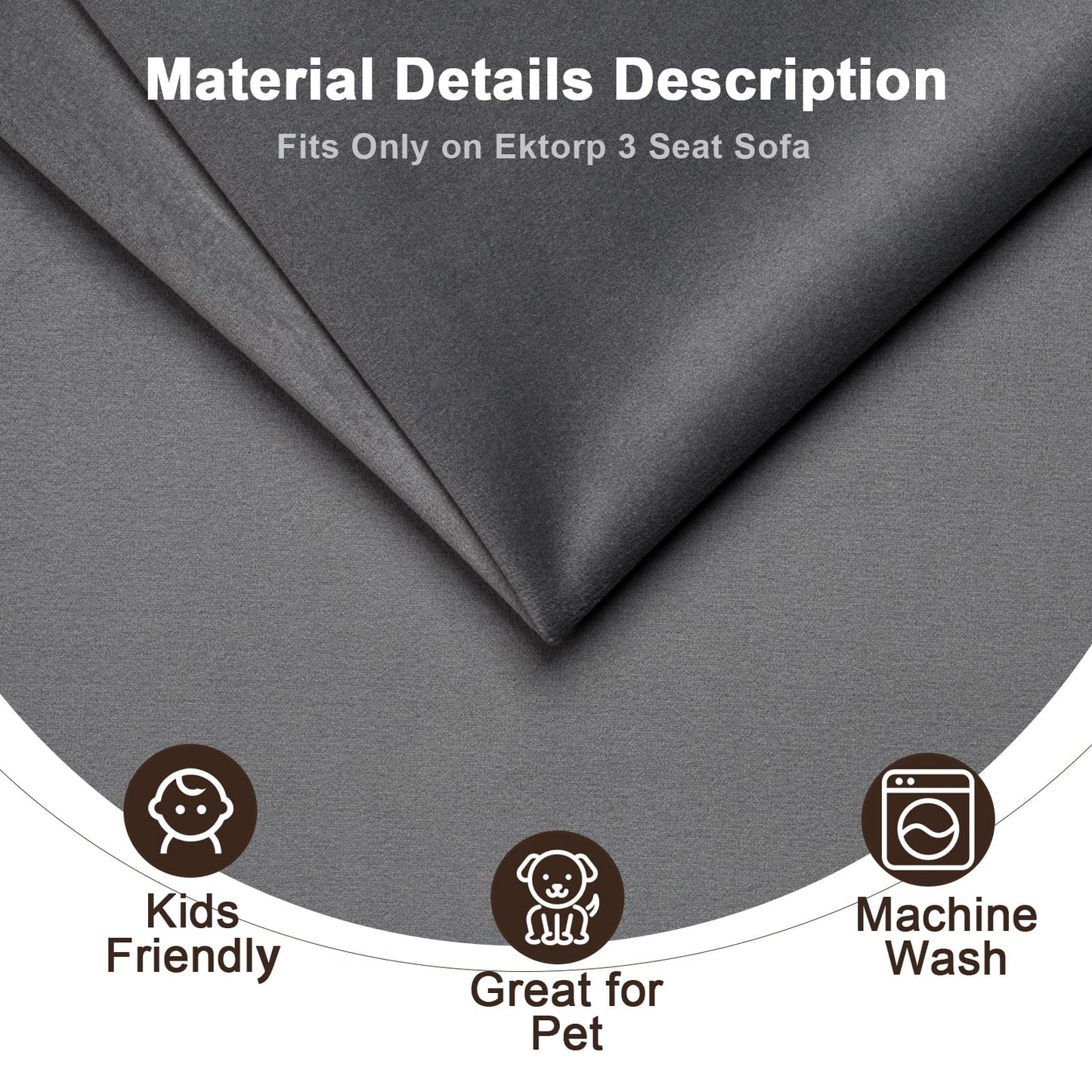 Velvet Pet-Friendly Replacement Sofa Cover Compatible for IKEA Ektorp 3 Seat Sofa Slipcovers, Couch Cover Only, 7-Piece Slipcover, Grey, Couch Cover Not Include The Sofa Body