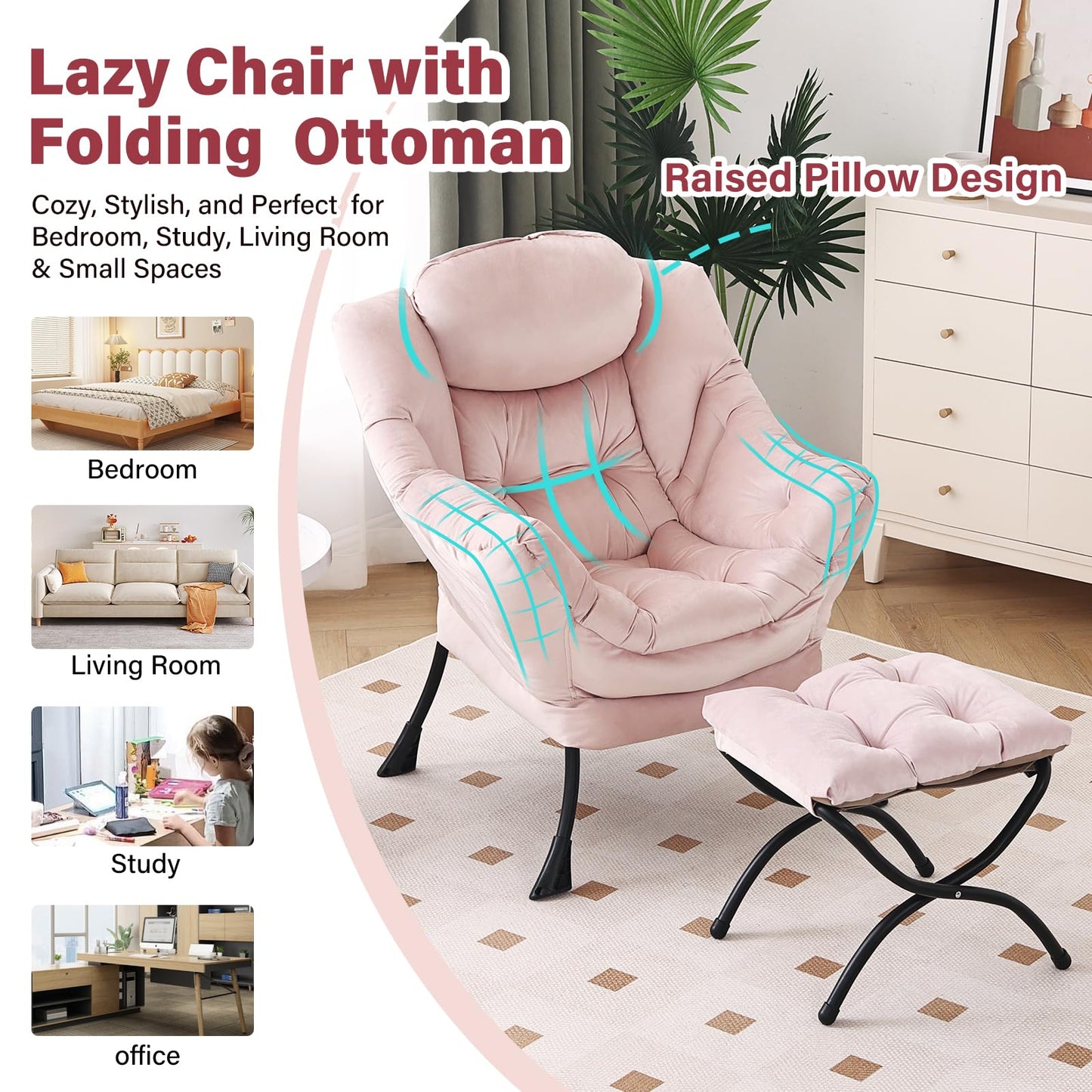 Furlide Lazy Chair with Ottoman, Modern Chair with Folding Footrest, Lounge Accent Chair, Comfortable Reading Chair, Oversized Armchairs for Bedroom, Study, Living Room, Courtyard (Pink)