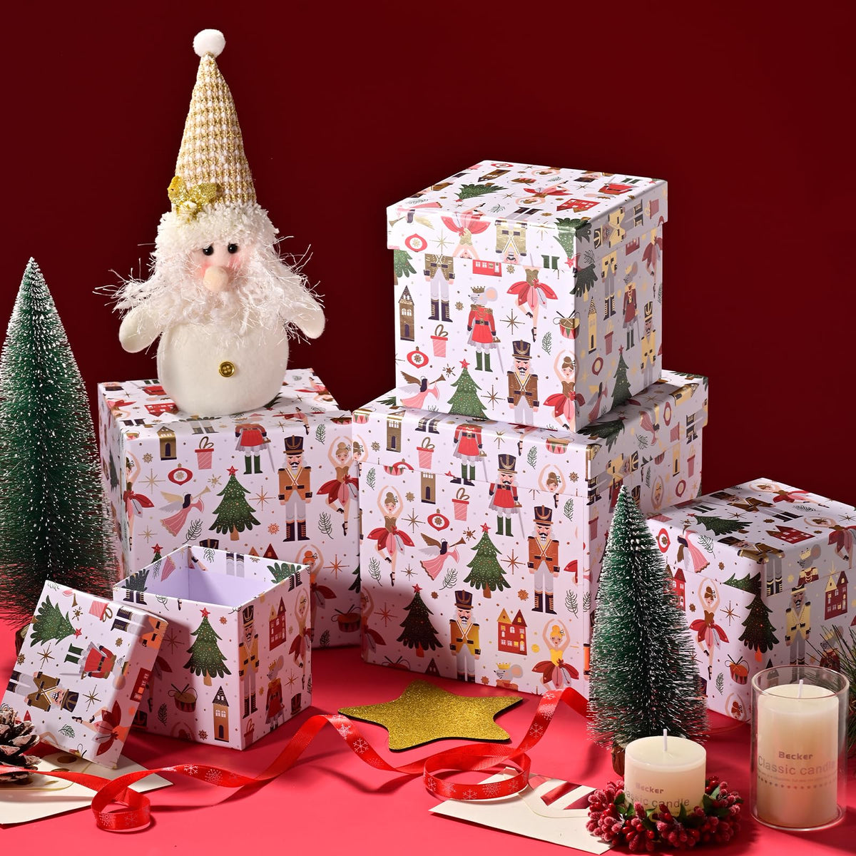 PAPER FAIR 5PCS Christmas Nesting Gift Boxes with Lid, Xmas Nested Box Set, 5 Sizes, Square Stackable, White Ballerina Nutcracker Paper Box Tower Décor, for Holiday Thanksgiving New Year Packaging