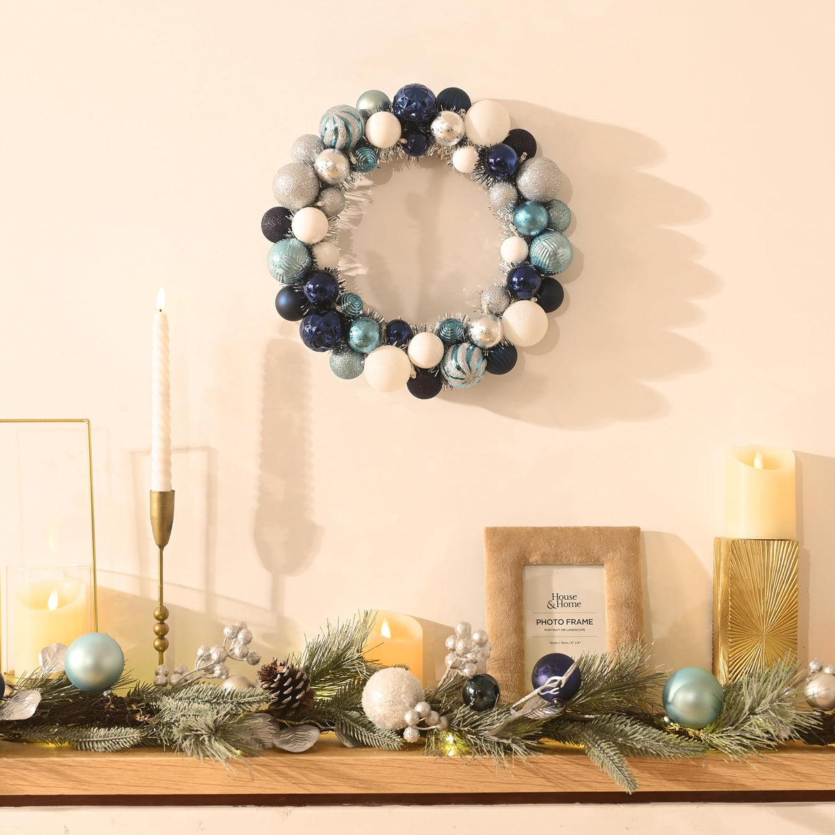 Valery Madelyn Pre-Lit Christmas Ball Wreath for Front Door with Lights, 13'' Lighted Christmas Wreath with Silver Blue Xmas Ball for Fireplace Window Outdoor Table Centerpiece Holiday Home Decoration