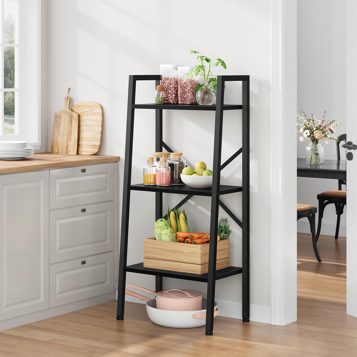 Hoctieon 3-Tier Industrial Ladder Bookshelf, Narrow Ladder Shelf, Tall Standing Bookshelf, Skinny Open Ladder Shelf, for Living Room, Home Office, Kitchen, Bedroom, Metal Frame, Black