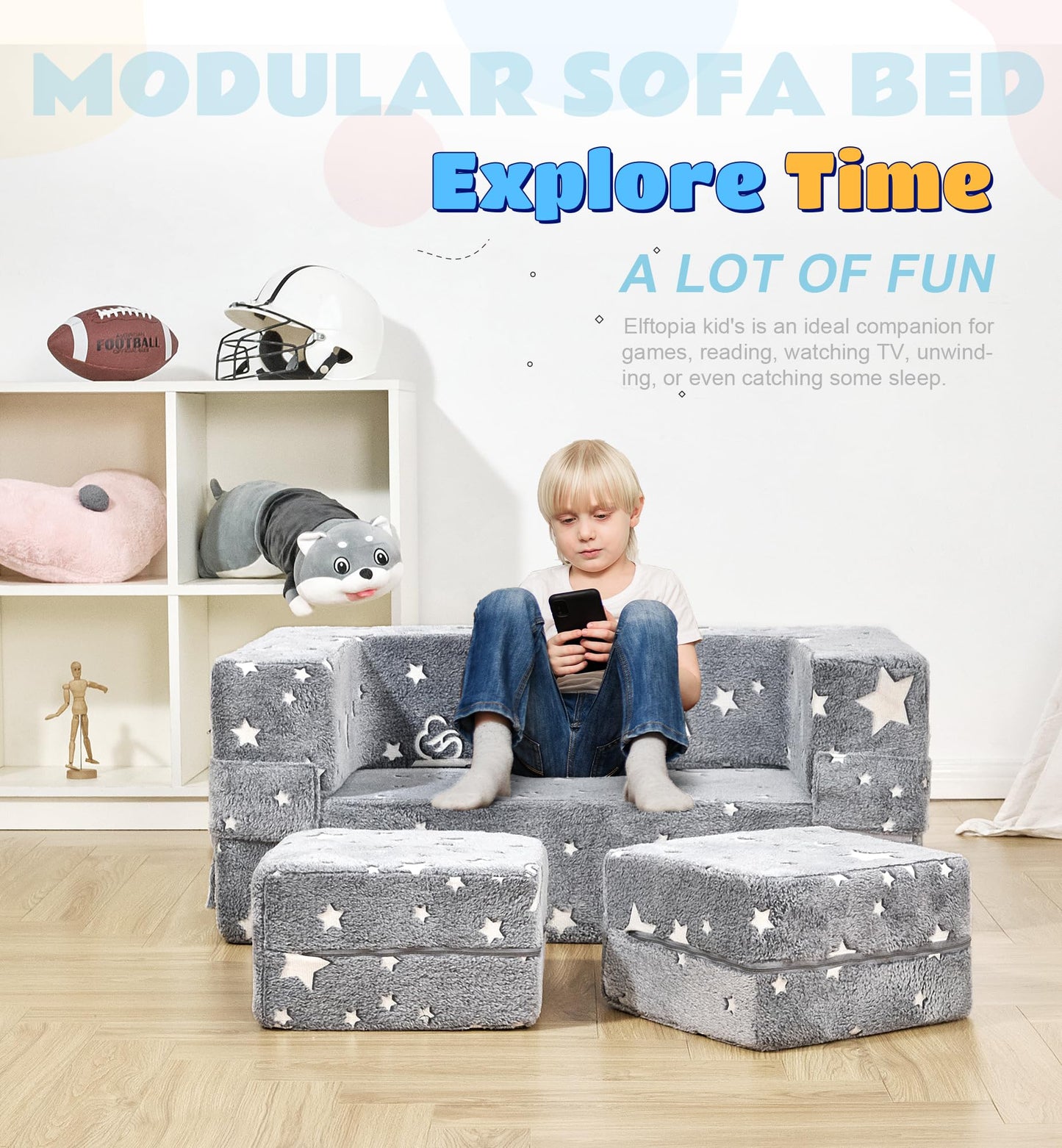 Elftopia Modular Kids Sofa, Glow in The Dark Star Plush Couch, Convertible Kids Play Set, Fold Out Sofa Bed(Stars)