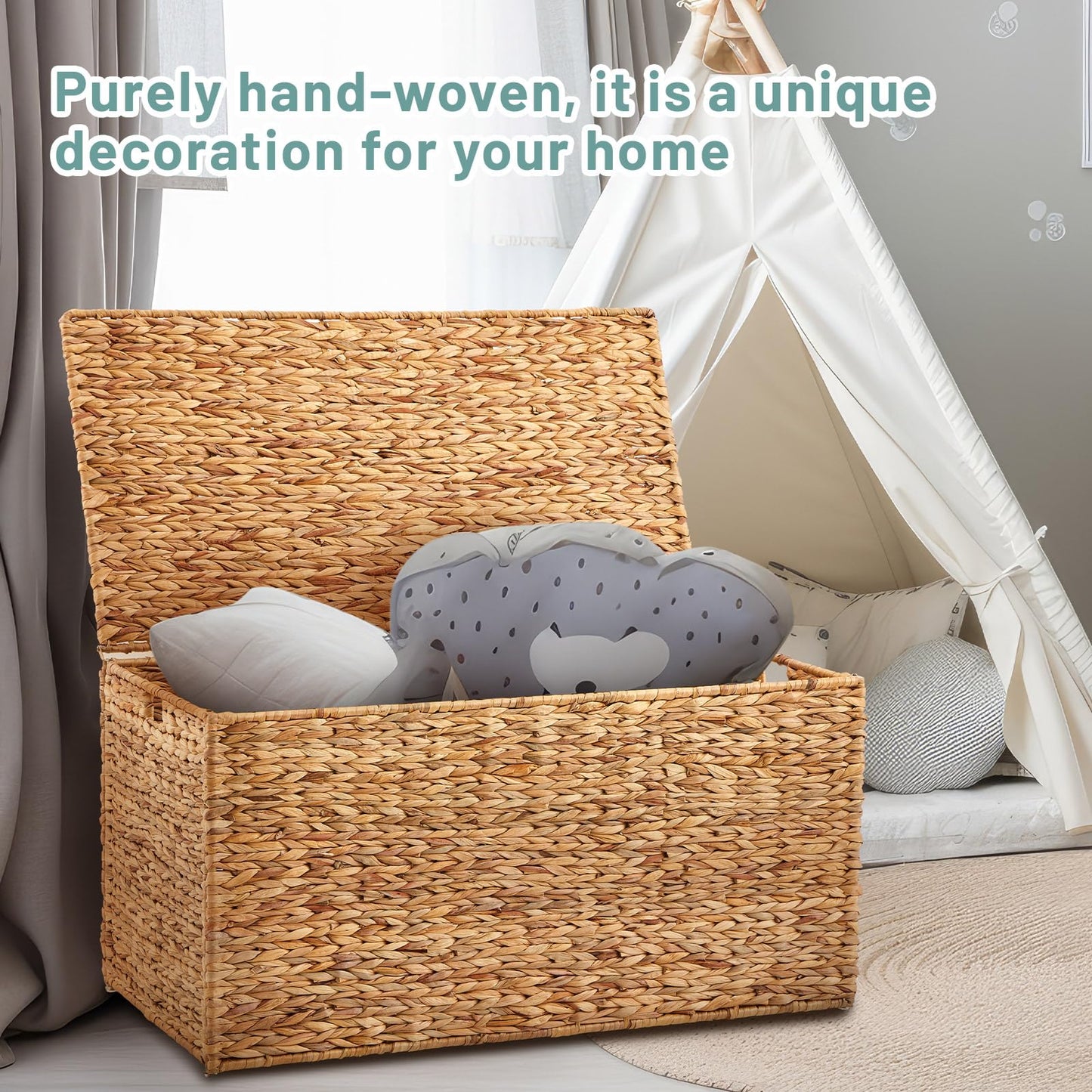 Wonderjune 36 x 20 x 18.5 Inch Water Hyacinth Wicker Storage Trunk with Metal Frame, Heavy Duty Storage Chest with Lid Large Rattan Basket for Blankets, Seasonal Clothes, Extra Bedding (Natural)