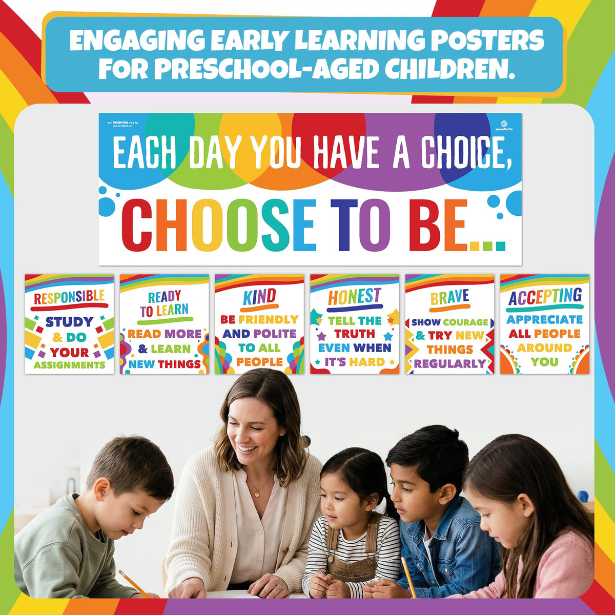 Sproutbrite 7 Educational Posters & Charts - 1 Big Banner 13.5" x 39" and 6 Smaller 12" x 13.5" - Kindness Posters – Motivational Chart and Wall Decor for Pre, Elementary and Middle School - Encourages Positive Choices and Character Development