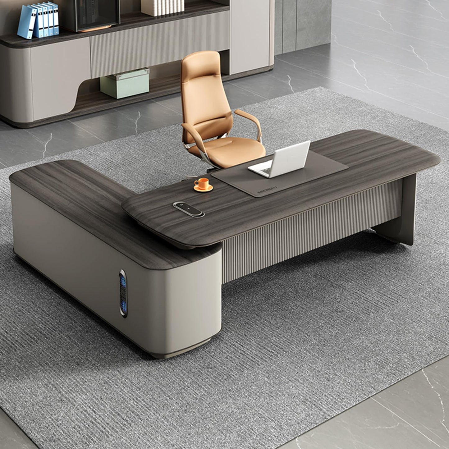 LSIGHTUS Wood Minimalist Style Computer Desk, L-Shaped Executive Office Desk with File Drawers, Writing Study Table Business Furniture Set for CEO Boss