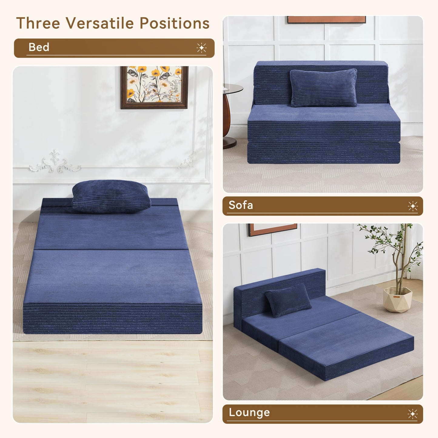 WUTUTUEE Folding Sofa Bed Convertible Floor Couch Foldable Chair Bed with Pillow，Linen Sleeper Chair Futon,Foldable Memory Foam Mattress for Bedroom/Living Room/Dorm/Office (Corduroy Navy, Standard)