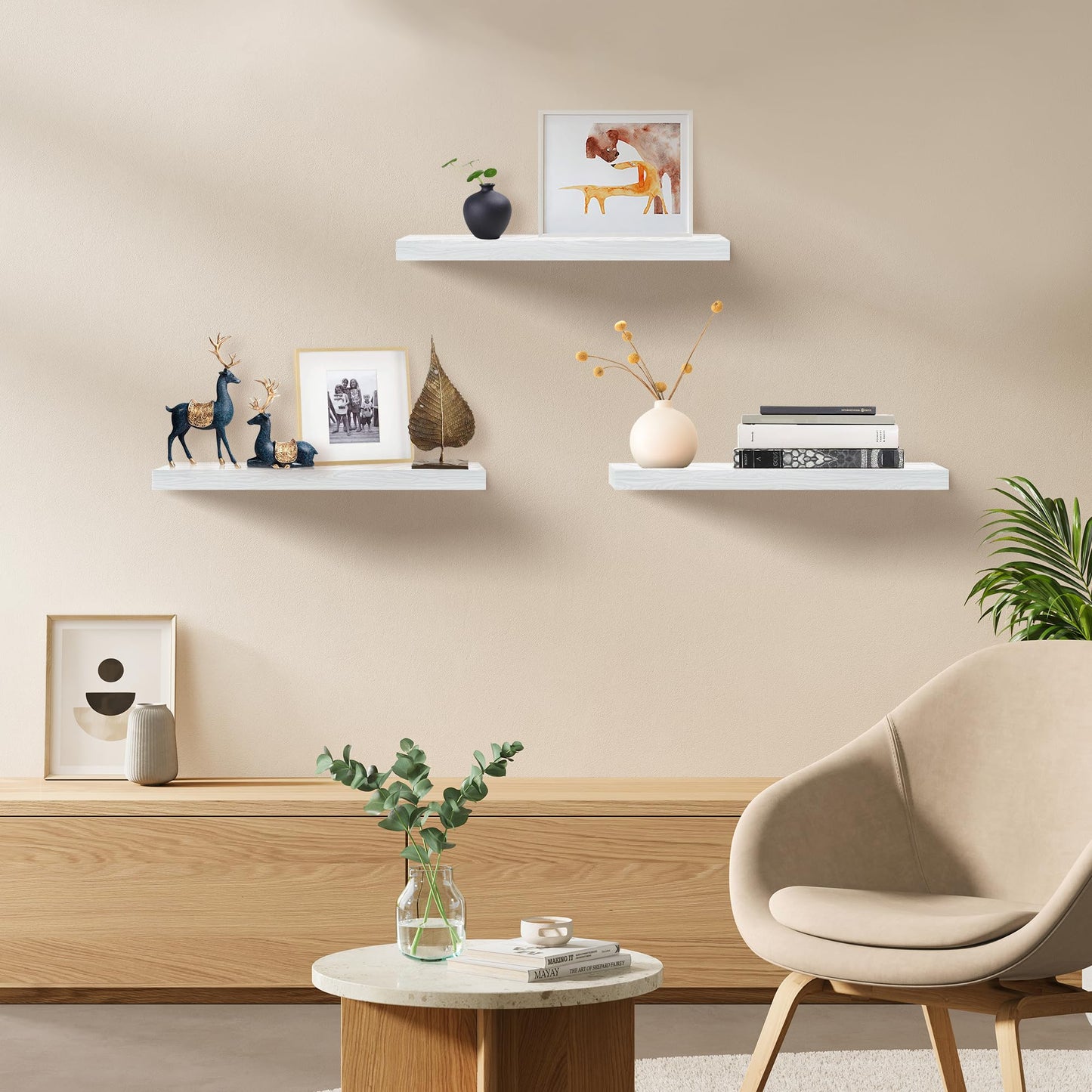 Upassion White Floating Shelves - Set of 3, 16" Wall Mounted Shelves for Home Decor, Living Room, Bedroom, Bathroom, Kitchen