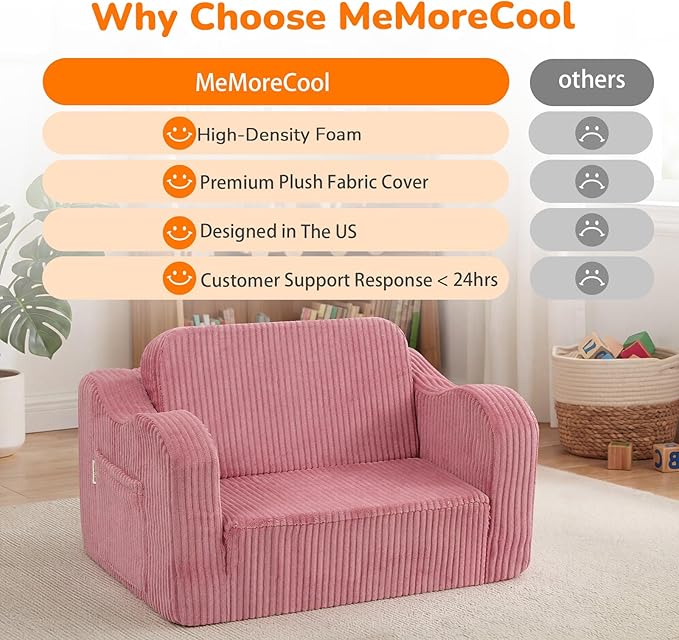 MeMoreCool Corduroy Pink Kids Chair, 2-in-1 Kids Couch Fold Out to Lounger