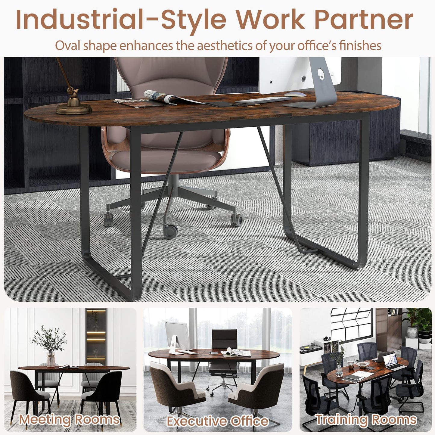 GOFLAME 71 Inches Executive Table, Oval Home Office Table with Cable Management Hole & Metal Frame, Seminar, Conference Table for 10 People, Large Business Furniture for Meeting Room