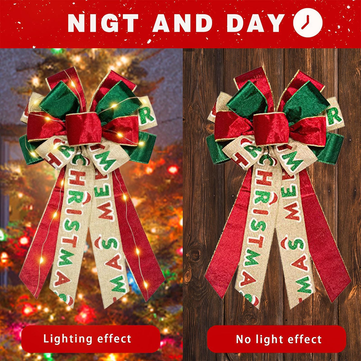 Hying Large LED Christmas Bows for Wreath, Merry Christmas Wreath Bow Red Green Velvet Bows with LED Lights Xmas Farmhouse Tree Topper Bows for Front Door New Year Christmas Decoration Supplies