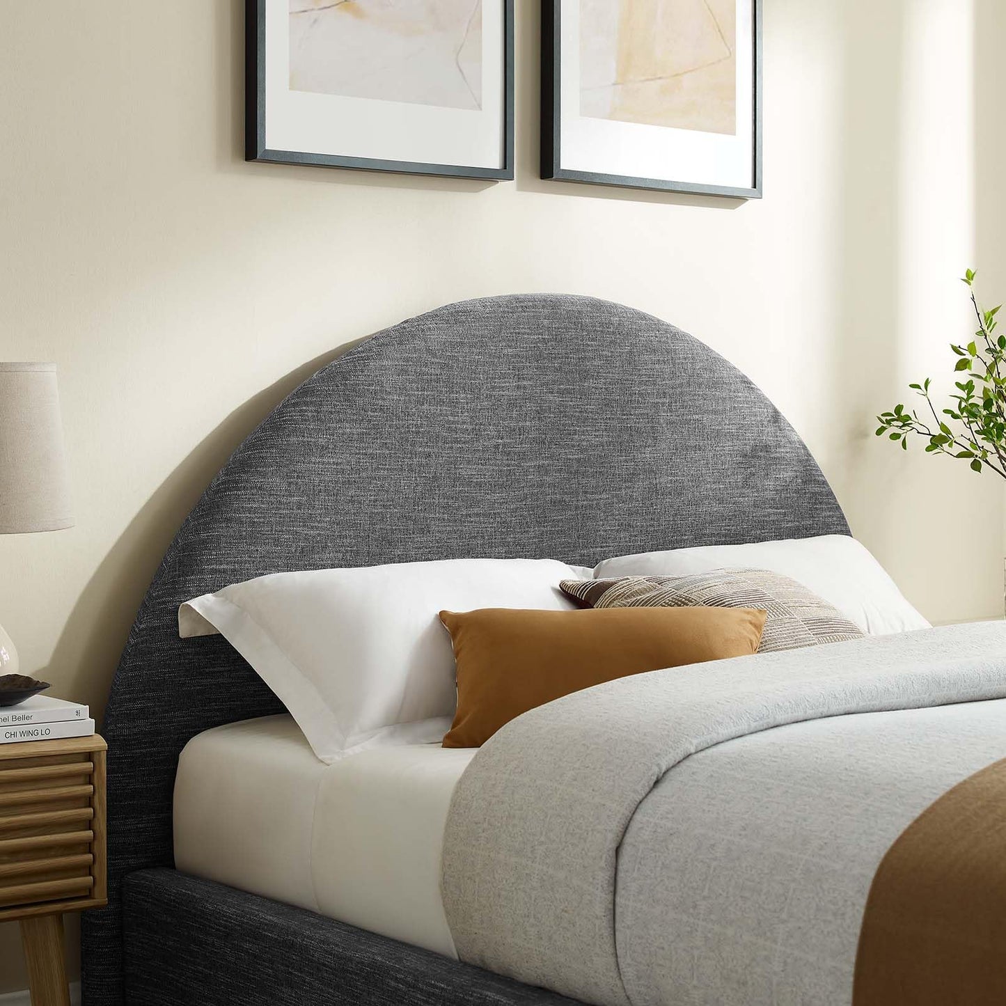 Modway Resort King Size Platform Bed with Arch Shaped Round Headboard in Heathered Weave Slate, Woven Heathered Fabric Upholstery, King Size Bed Frame, Soft Cloud Bed Frame, No Box Spring Needed