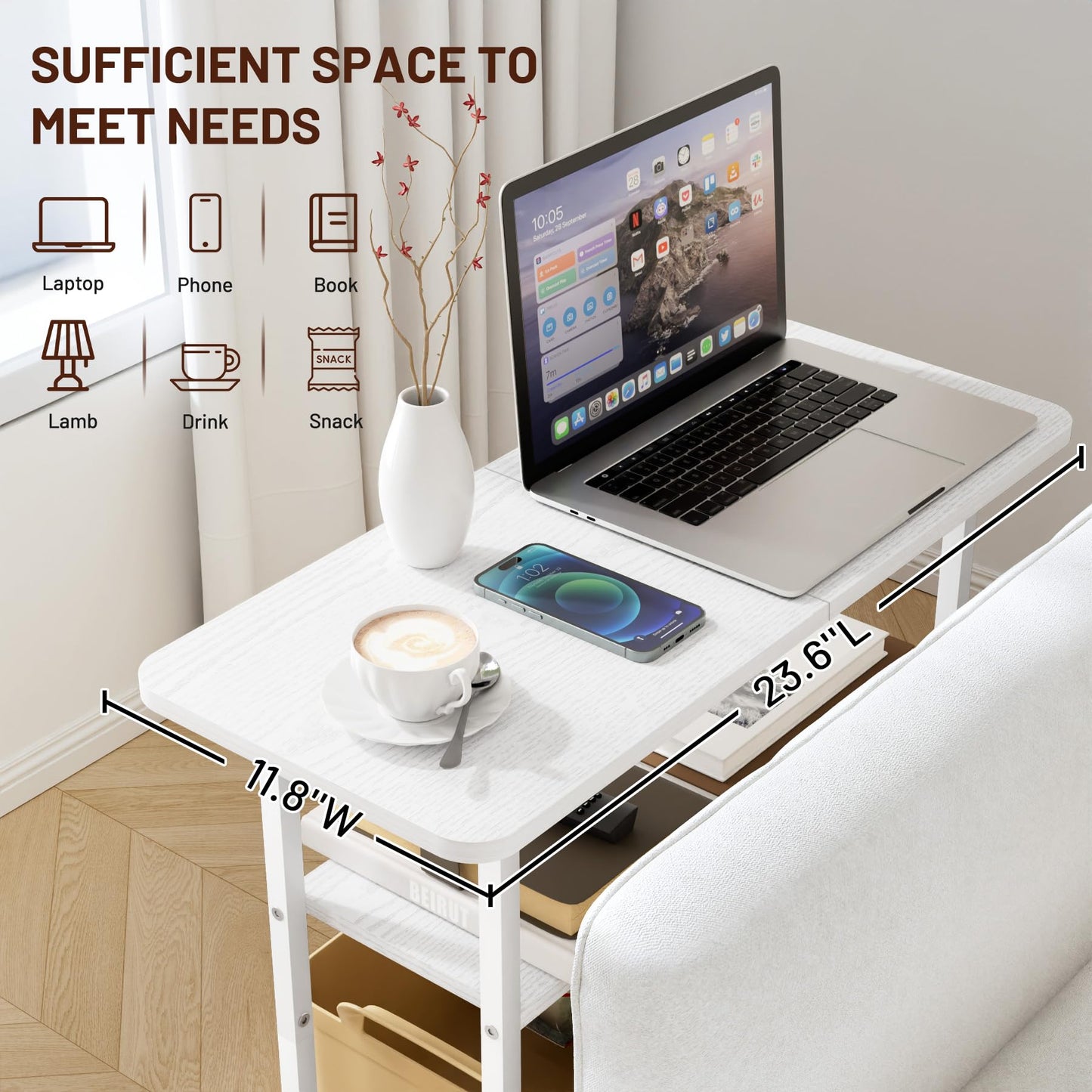SLEEPING LAMB Side Table for Living Room, 3-Tier End Table for Small Space with Wide Storage Tabletop, Elegant White Narrow Nightstand for Bedroom, Sofa Couch