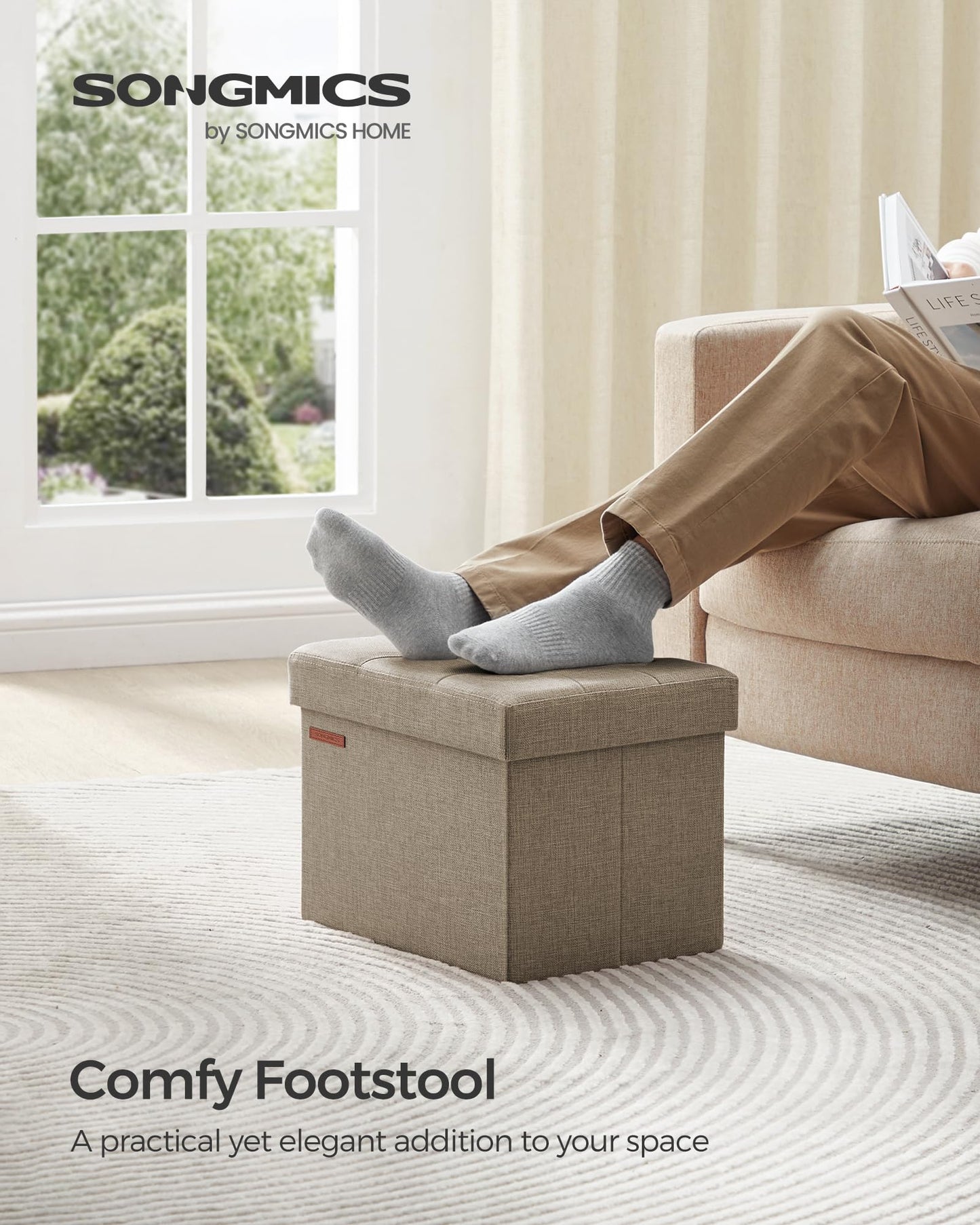 SONGMICS MAZIE Collection - Small Folding Storage Ottoman, Foot Rest Stool, 12.2 x 16.1 x 12.2 Inches, 286 lb Load Capacity, for Living Room, Bedroom, Home Office, Dorm, Light Taupe ULSF102K01