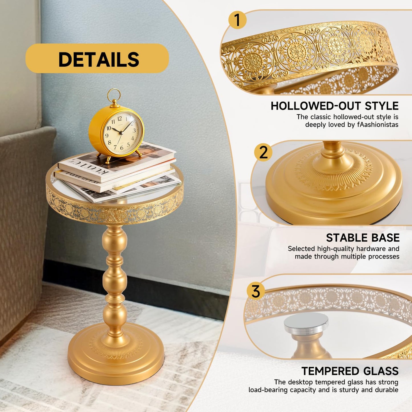 taotanra-Gold Round End Table with Glass Top, Hollow-Carved Metal Frame Small Pedestal Side Table, Modern Accent Coffee Table for Living Room Bedroom Entryway Home Decor