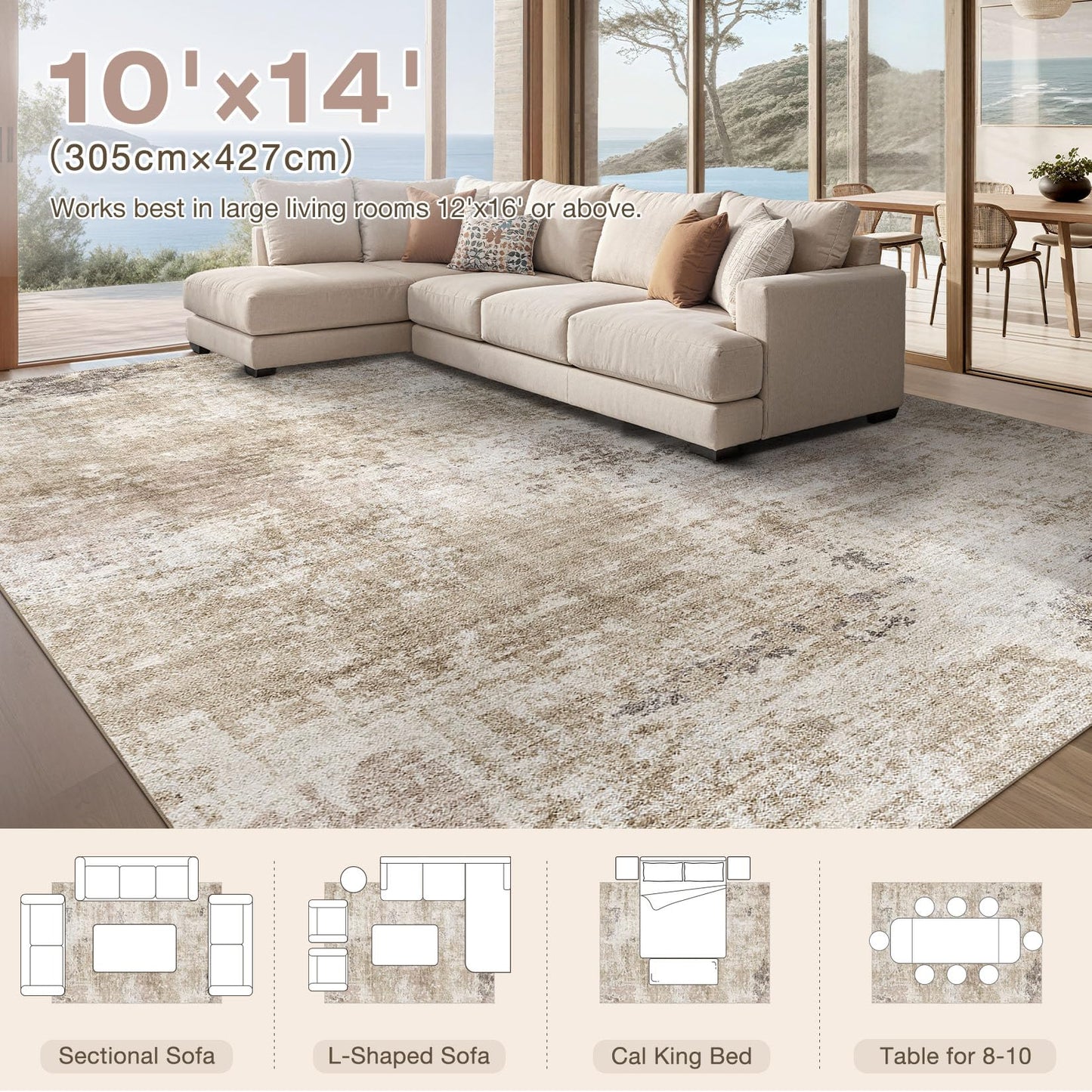 TARANCH Abstract 10x14 Area Rug: Machine Washable Non Slip Ultra Thin Low-Pile Carpet, Soft Stain Resistant for Living Dining Room Bedroom, Kid Pet Friendly, Robot Vacuum Compatible - Brown