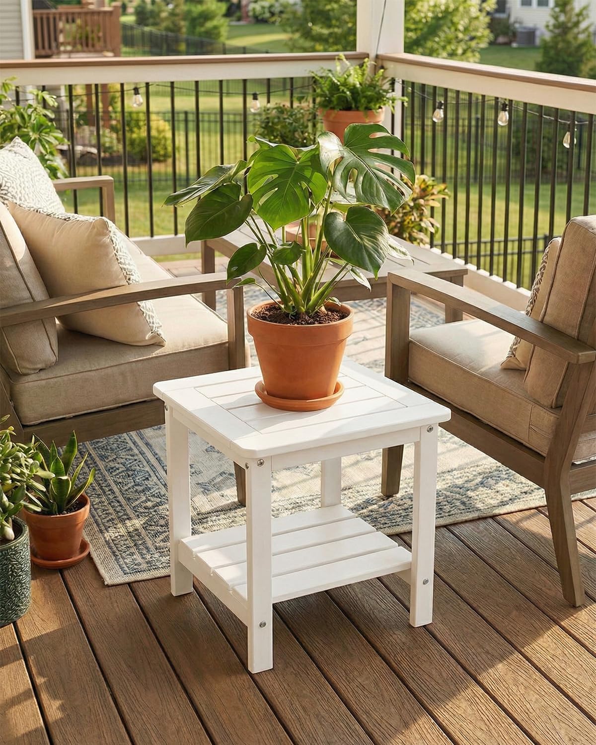 Kibaso-Adirondack Outdoor Side Table, 2-Tier HDPE Outdoor End Table, Weather Resistant Easy Maintenance, Small Patio Side Table for Patio, Pool, Porch, Garden, Lawn, and Living Room (1, White)