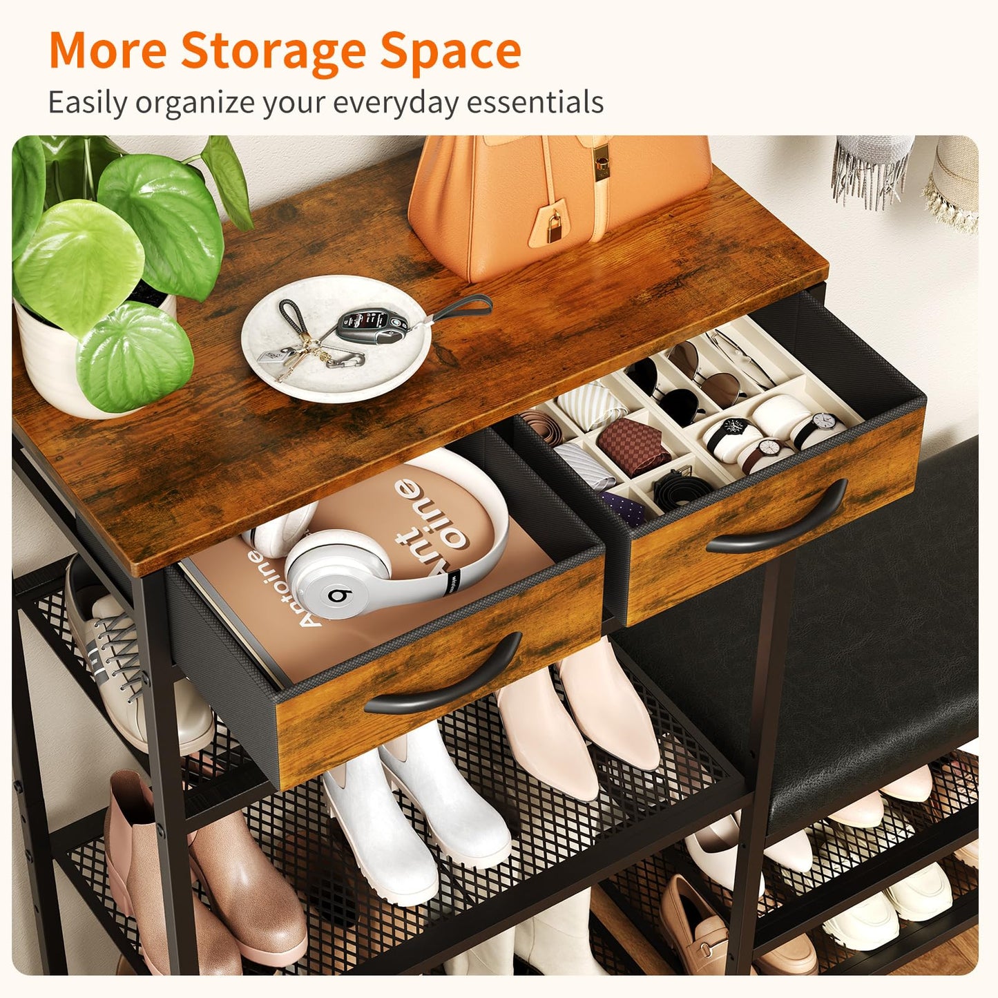 Shoe Rack Bench Shoe Rack for Entryway, Cushioned Entryway Shoe Storage with 2 Drawers & 5-Tier Organizer, Metal Frame Wood Top Narrow Space-Saving Hallway Organizer for Closet & Front Door