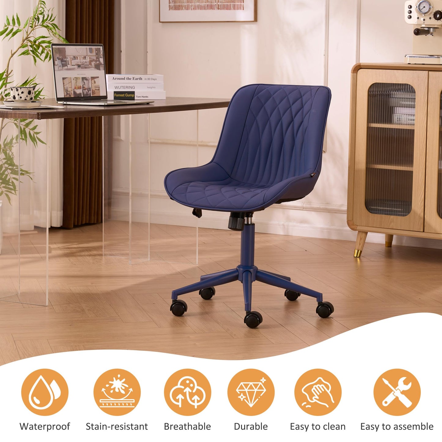 YOUNIKE Faux Leather Ergonomic Office Chair Armless Comfy Desk Chair with Rocking Back Cute Swivel Vanity Chair with Wheels Height Adjustable Small Computer Task Chair for Sewing Drafting Navy Blue