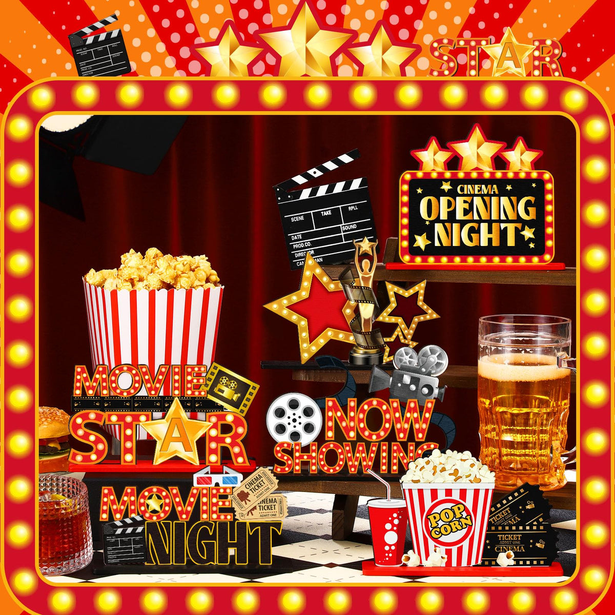 6 Pcs Movie Night Party Decorations Movie Wooden Table Centerpiece Ticket Star Video Popcorn Table Sign Tabletop Decor for Birthday Party Home Decoration