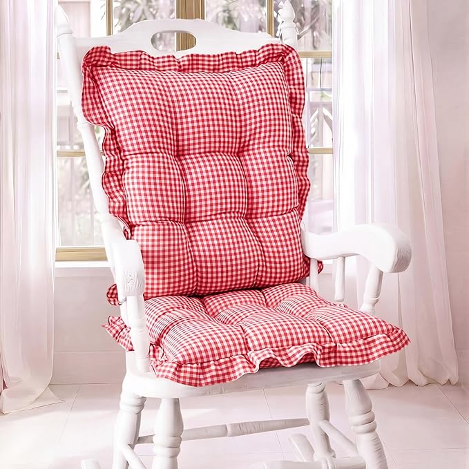 Lewtemi 2 Set Red Gingham Rocking Chair Cushion Village Ruffled Rocking Chair