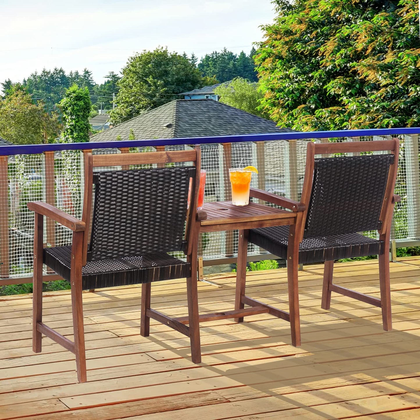 Tangkula Acacia Wood Garden Bench, Patiojoy Rattan Companion Loveseat Chair with Coffee Table and Parasol Hole, 2-Seater Outdoor Conversation Furniture Set for Backyard, Poolside, Balcony (Brown)