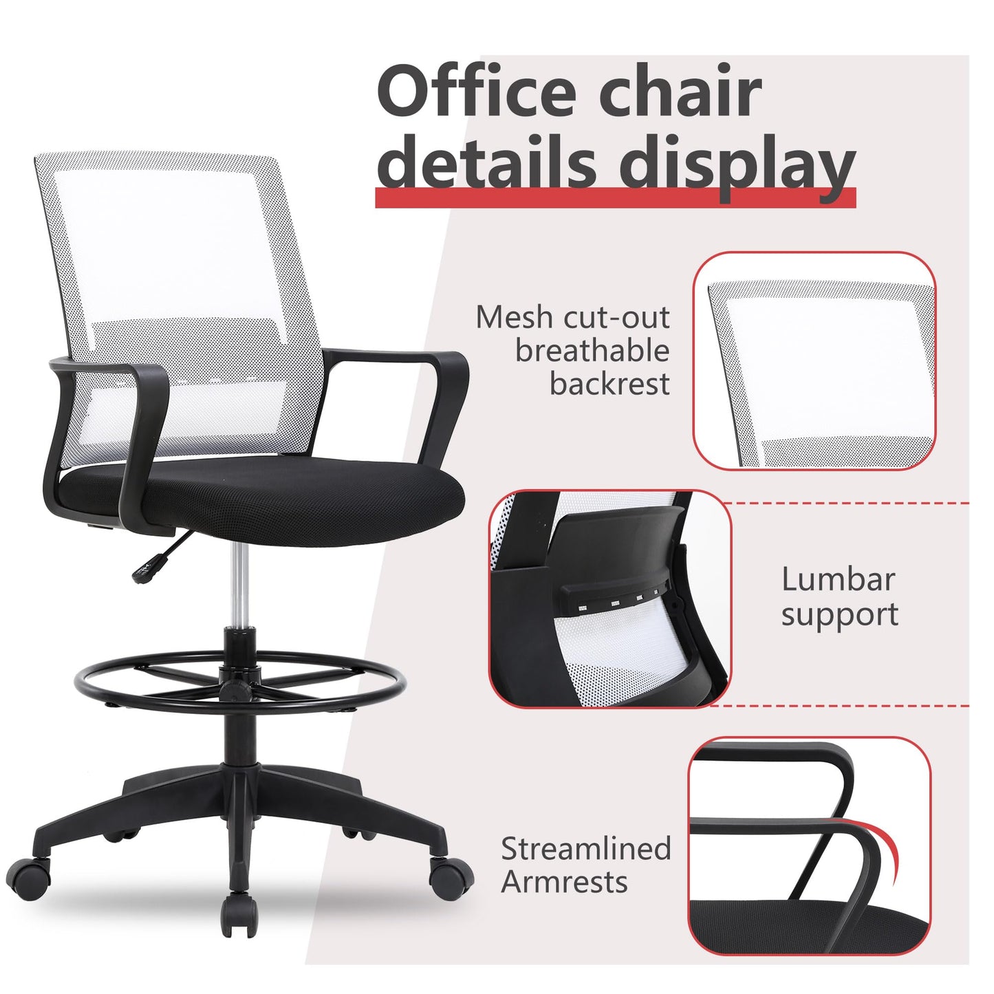 BestOffice Drafting Chair Tall Office Chair Adjustable Swivel Rolling Mesh Height with Lumbar Support Arms Footrest Mid Back for Adults Standing Desk Drafting Stool (Beige)