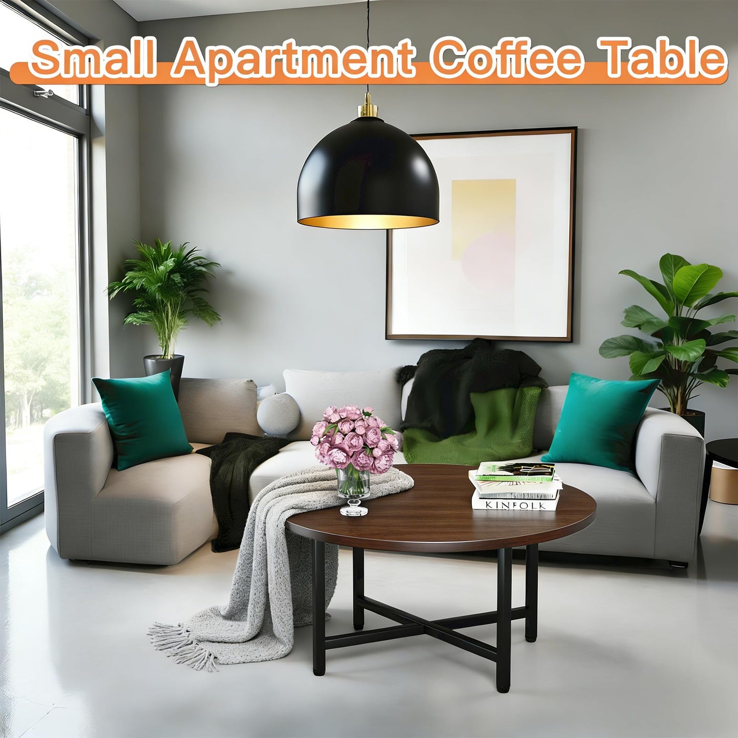 FAMIDGE Coffee Table, 23.6" Coffee Tables for Living Room, Round Coffee Table with Metal Frame, Floor Table for Sitting on The Floor, Home, Office, Dark Walnut