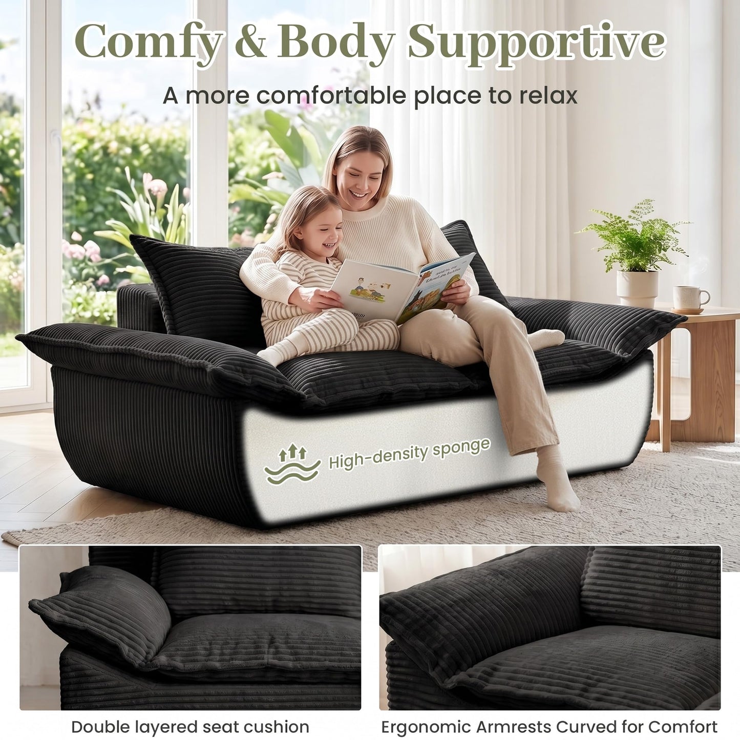 JUIKURY 55" Convertible Corduroy Sofa Bed, Boneless Foldable Loveseat Sleeper Couch, Compressed Foam Floor Sofa with Removable Cushions & Pillows for Small Space Living Room