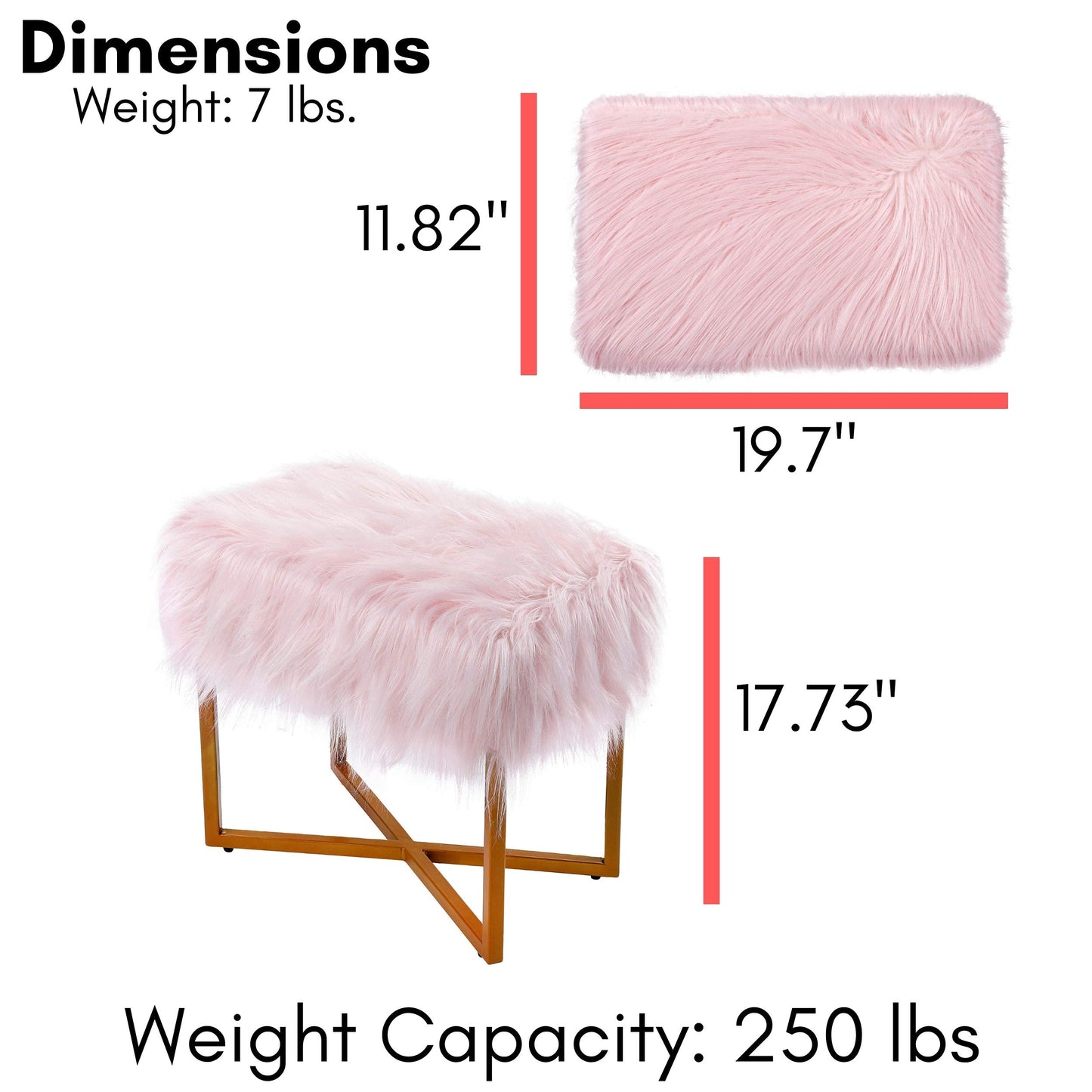 BIRDROCK HOME Rectangular Faux Fur Vanity Foot Stool Ottoman with Metal Legs - Small Soft Padded and Fluffy Makeup Seat or Foot Rest for Bedroom, Desk, or Dressing Table (Pink and Pale Gold)