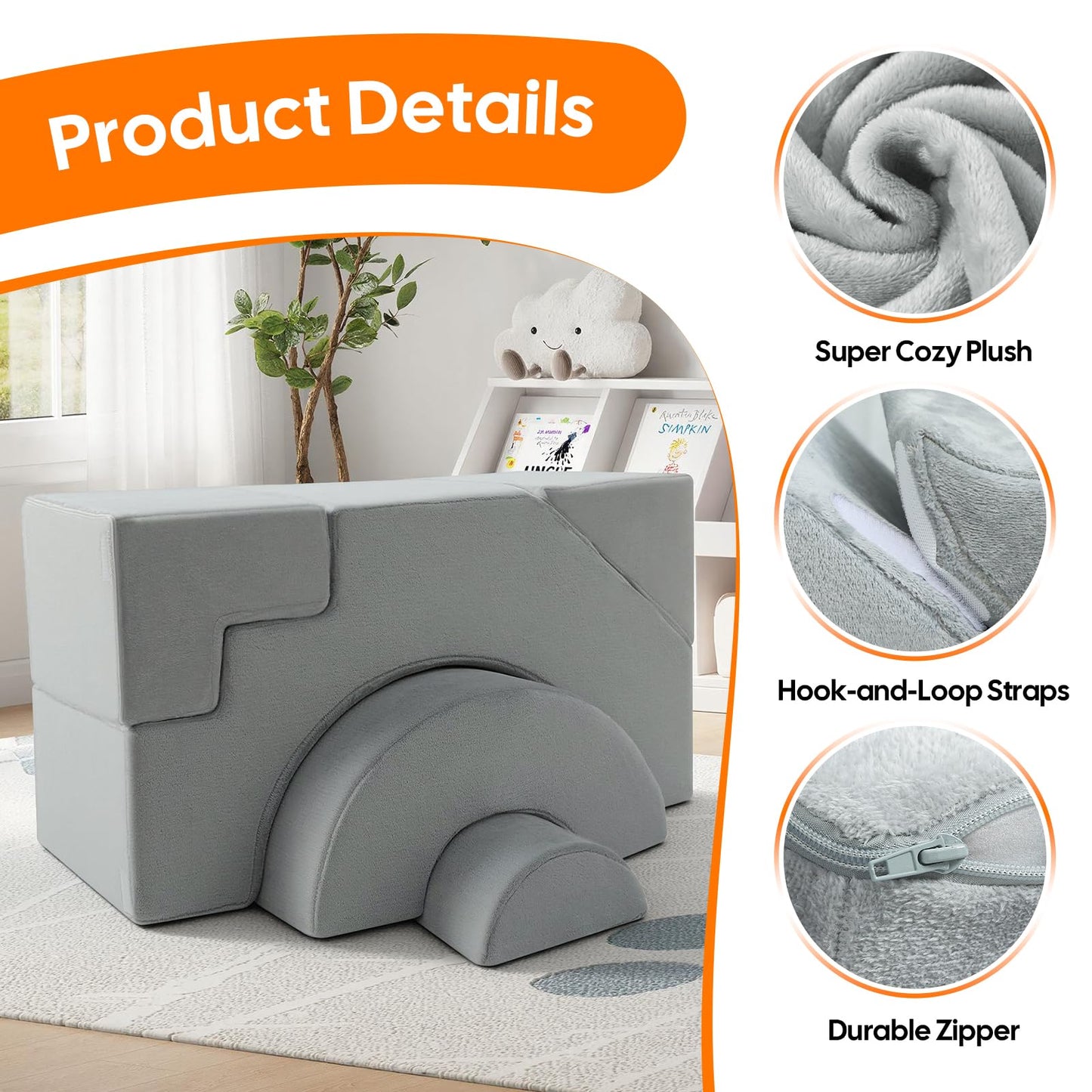 MeMoreCool Modular Kids Sofa – Convertible Foam Couch with Slide & Stair, Playroom & Bedroom Sectional Child Furniture | Soft Washable Cover | Ages 3+ | Grey