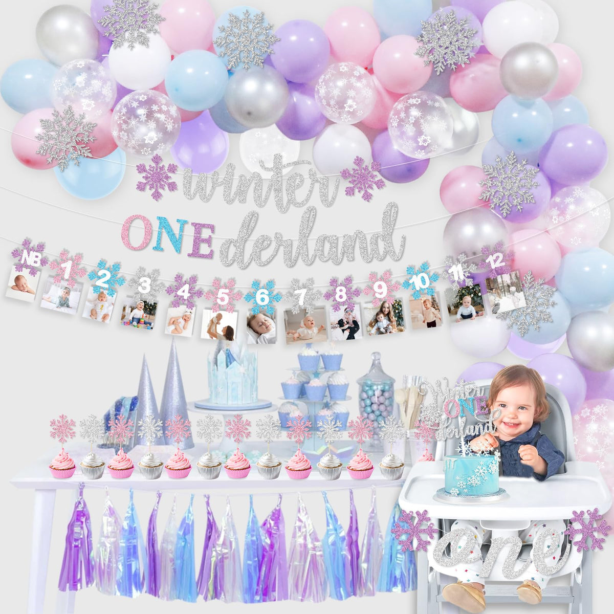 Winter Onederland 1st Birthday Decorations Girl, Winter Onederland Banner, Snowflake Photo Garland Highchair Banner Snowflake Balloon Arch Garland for Winter First Birthday Baby Shower Party Supplies