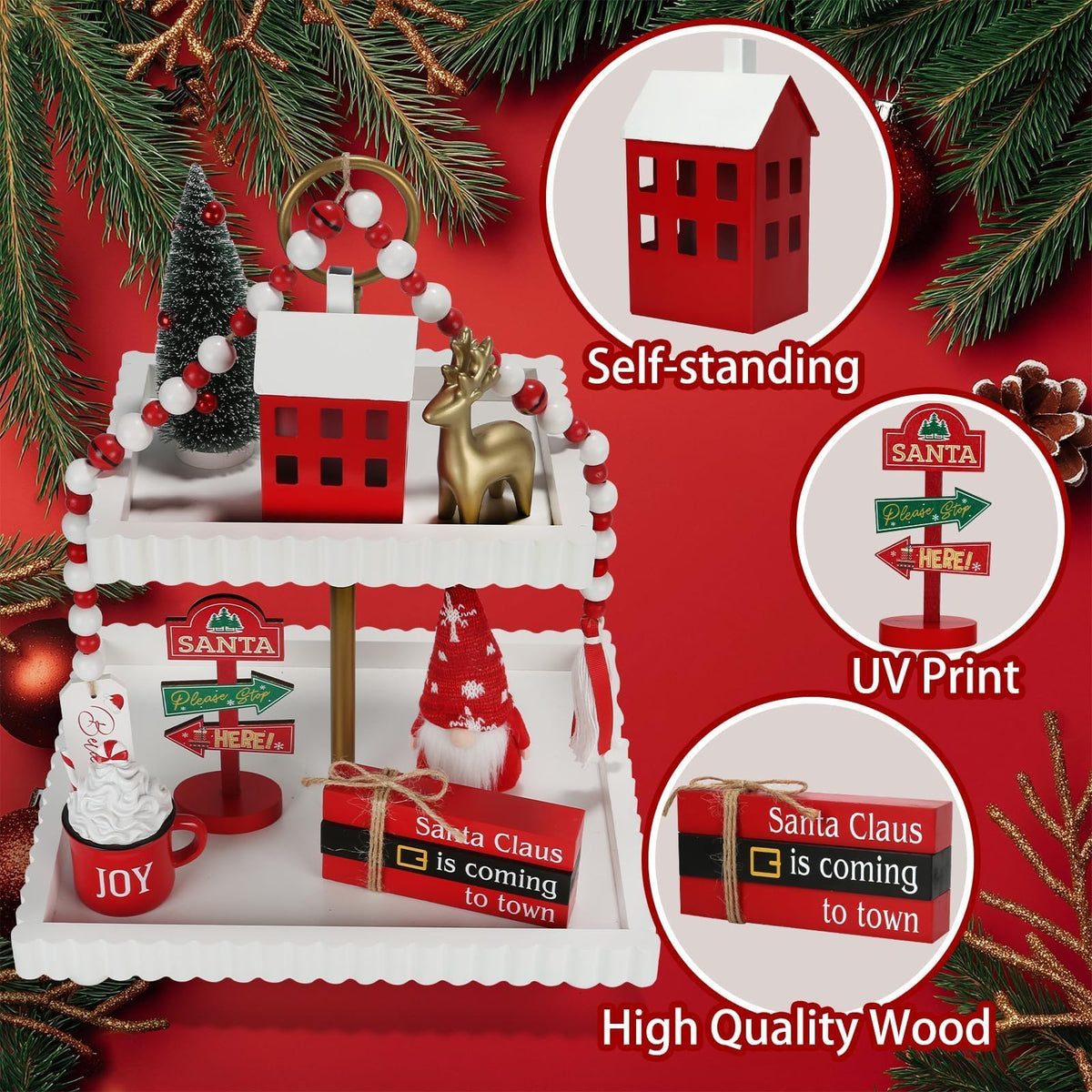 Christmas Decorations 8 PCS Tiered Tray Decor Set, Cute Tabletop Christmas Decor for Home Shelf Mantel Coffee Bar Office Xmas Table Centerpieces Tray Objects Holiday Decoration Set