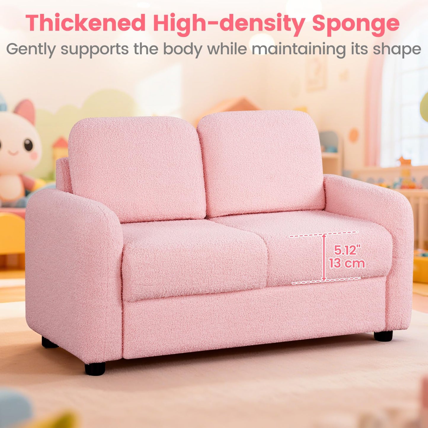 INFANS Kids Sofa, 2 Seat Soft Thick Upholstered Couch with Plush Fabric Solid Wooden Frame, Armrest Chair Lounge for Playroom Kids Boys Girls