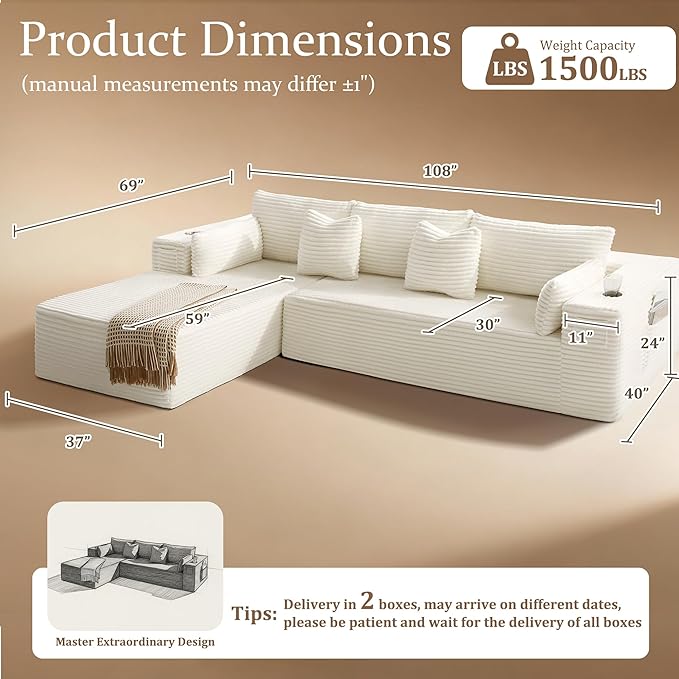 108" Cloud Sectional Couch, Comfort L Shaped Boneless Couch