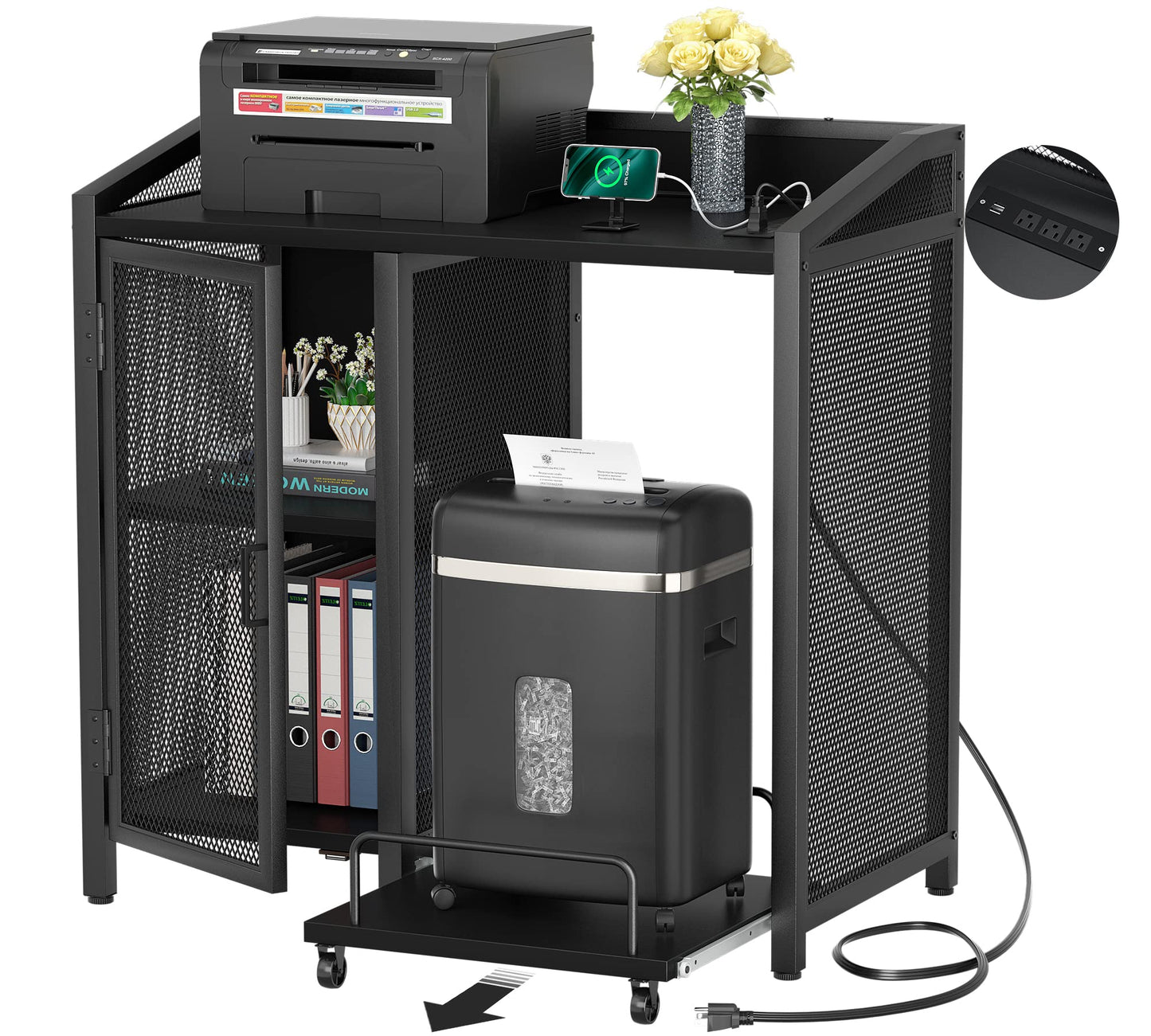 Unikito File Cabinet with Paper Shredder Stand On Wheel, Modern Vertical Filing Cabinet with Socket and USB Charging Port, Large Printer Stand with Adjustable Storage Shelf Rack for Home Office, Black