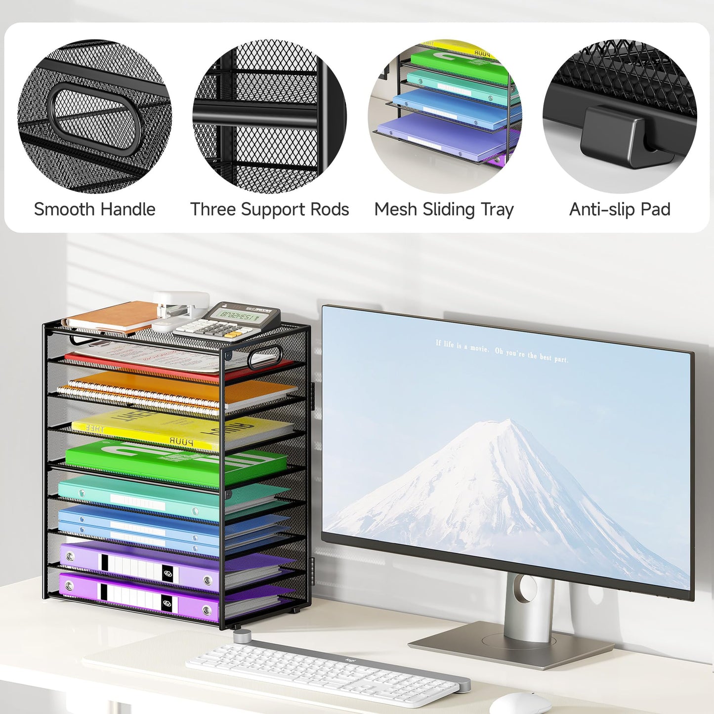 Cawukege 9 Tier Paper Organizer with Handle, Black Large Capacity Desk Organizer Mesh File Folder Letter Paper Tray Desktop Document Sorter for Classroom, School, and Office Accessories Organization