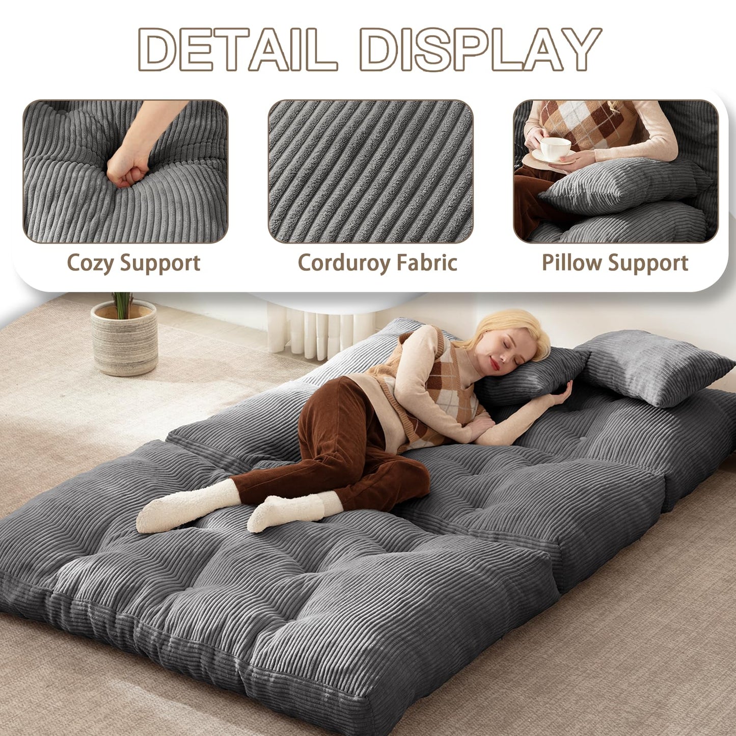 Folding Sofa Bed, Convertible Sleeper Chair with Pillow Foldable Mattress with Back Support, Portable Fold Out Chair Bed Comfy Floor Sofa Lounge for Living Room Bedroom, Dark Gray Full 80x54 Inch